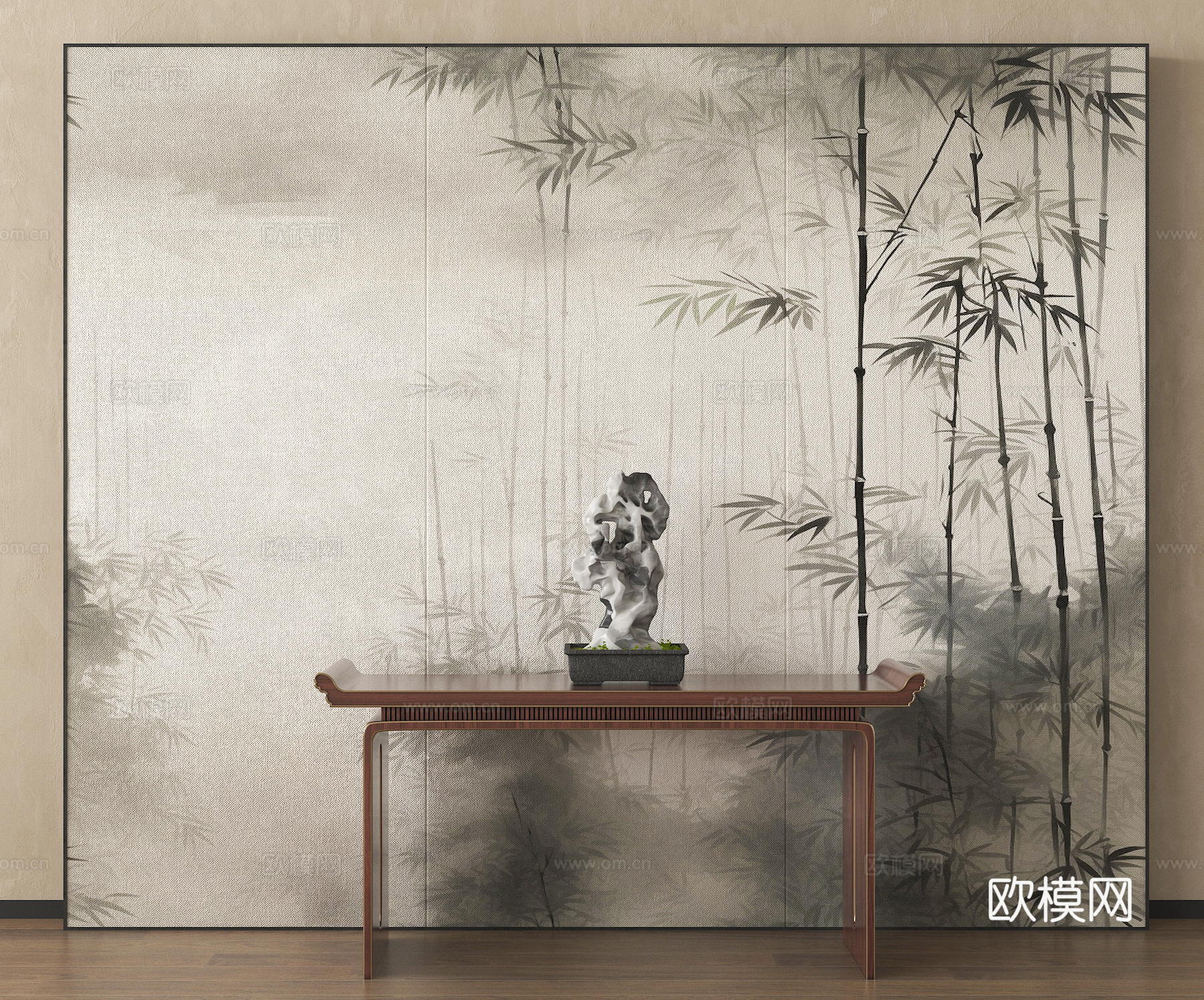 新中式屏风隔断 屏风壁画 端景条案su模型