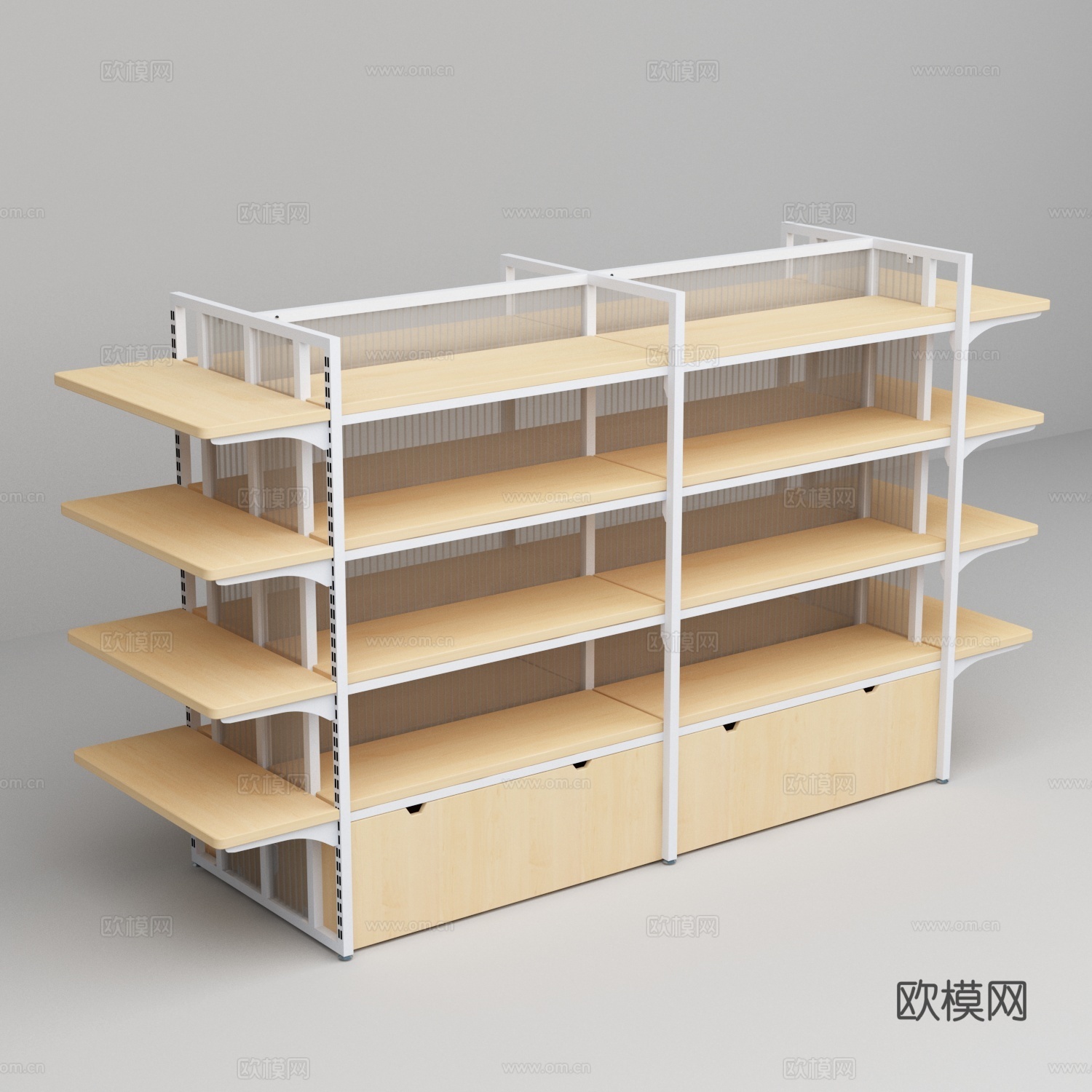 超市便利店透明阳光背板木层板货架3d模型