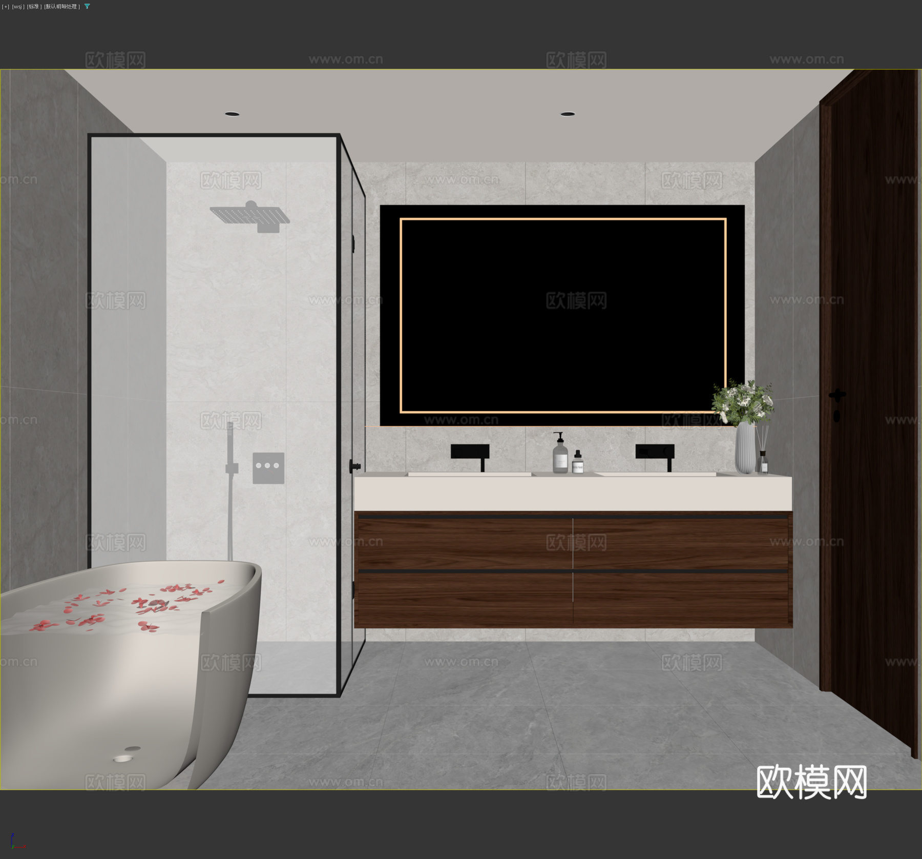 现代老钱风卫生间 现代老钱风卫生间 方形极窄淋浴屏 老钱风木3d模型