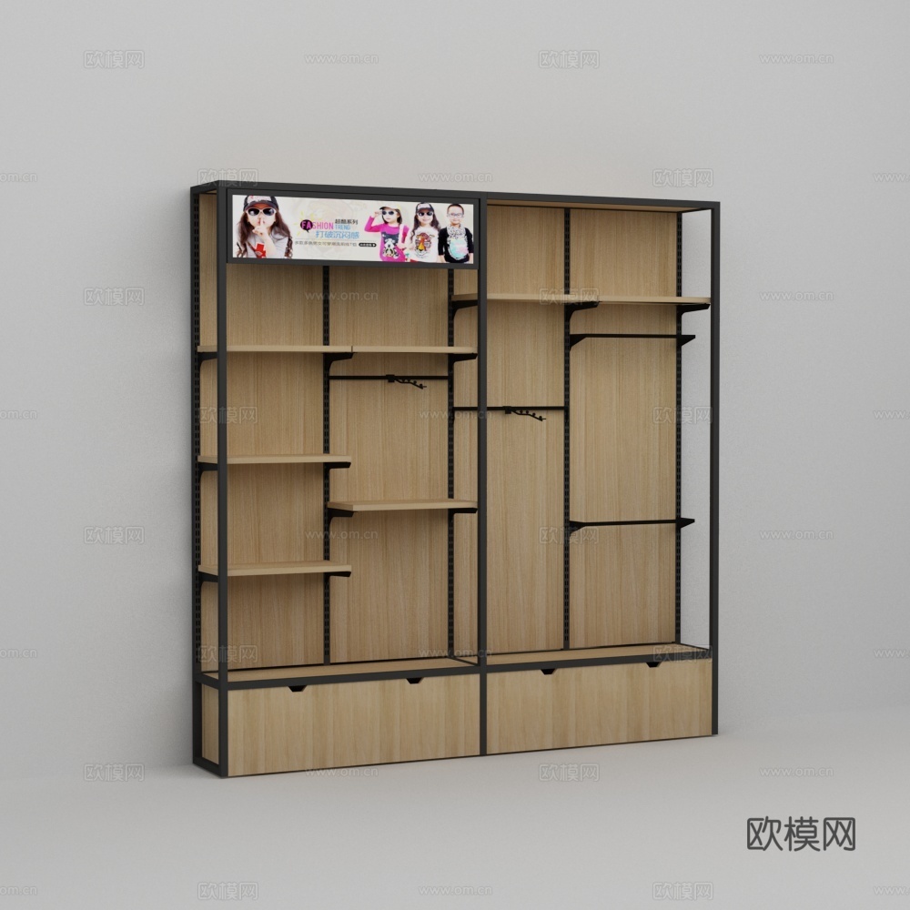 单面靠墙钢木服装展示架3d模型