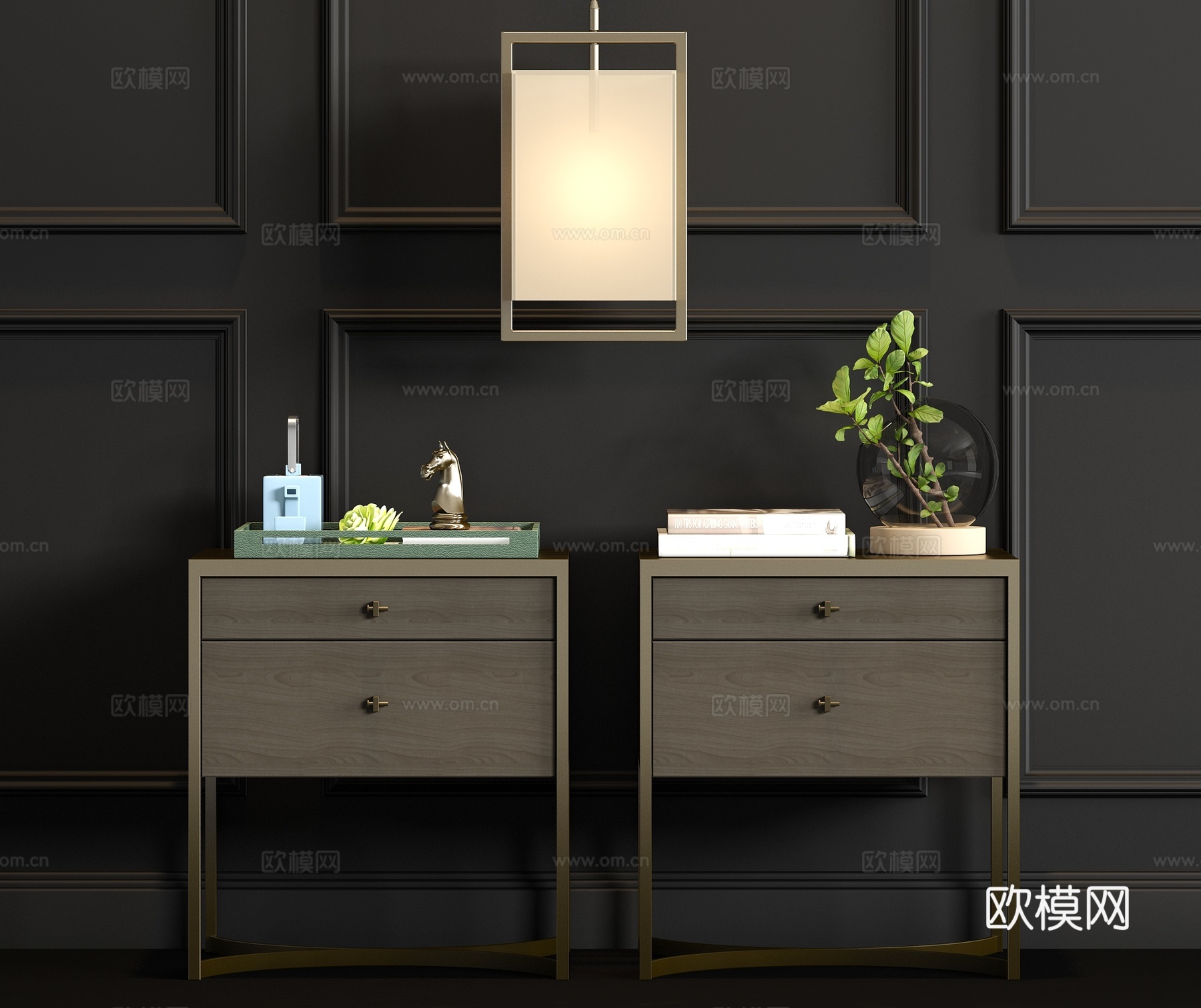 现代金属实木床头柜吊灯饰品组合3d模型