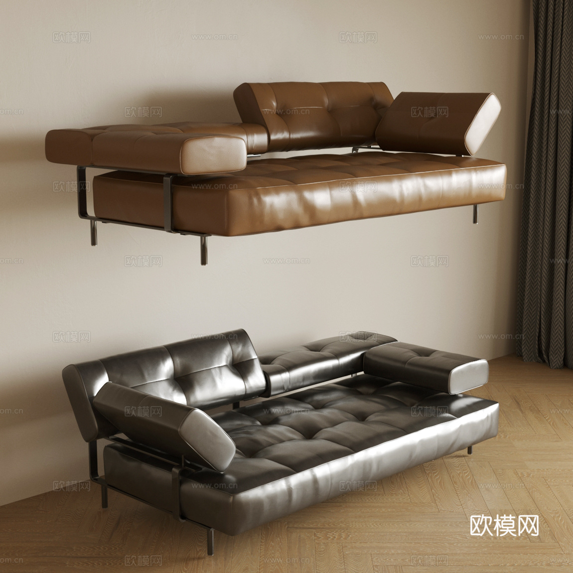 皮革双人沙发 三人沙发 客厅沙发 皮革多人沙发 棕色沙发3d模型