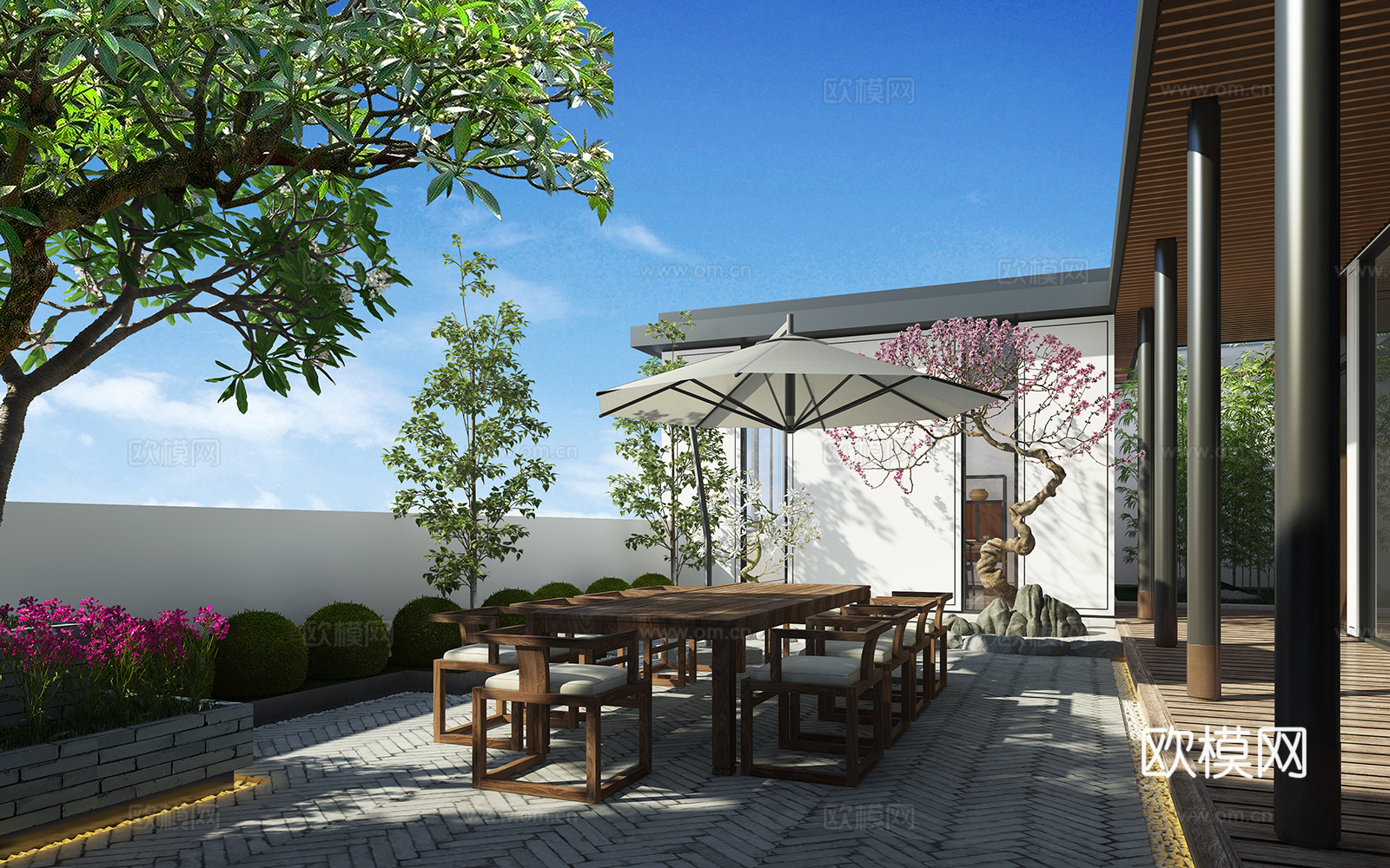 新中式花园 露台 桌椅 植物3d模型