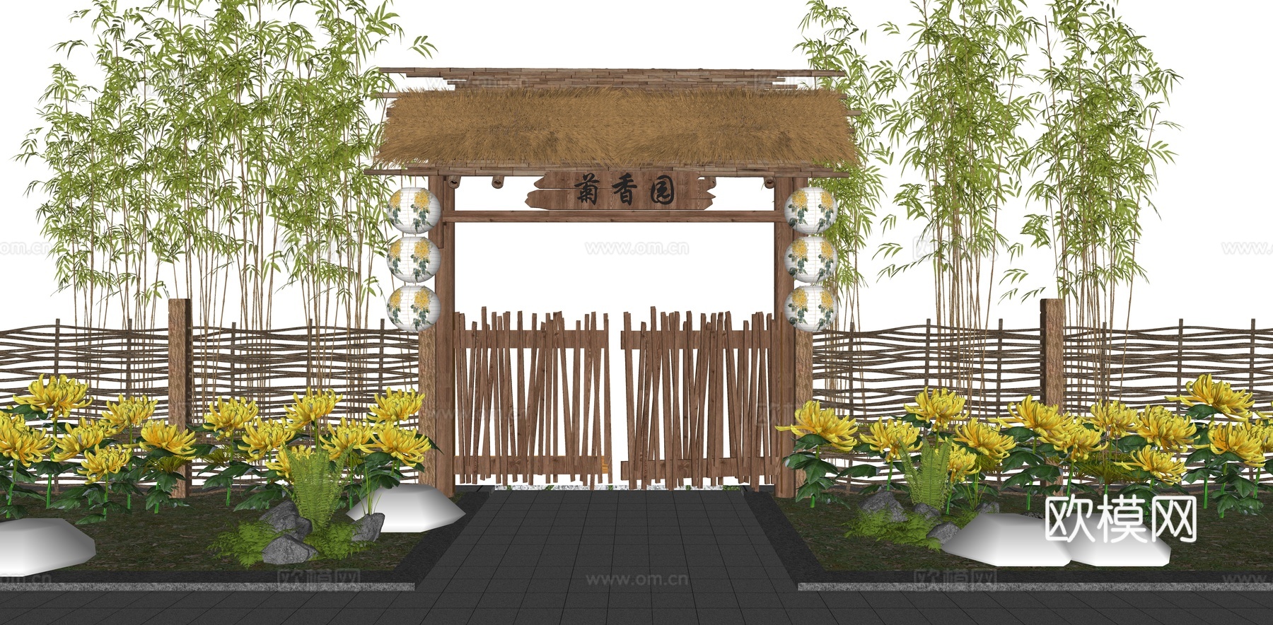 中式乡村庭院门 院门围墙 茅草小柴门 民宿小院门 竹篱笆 菊su模型
