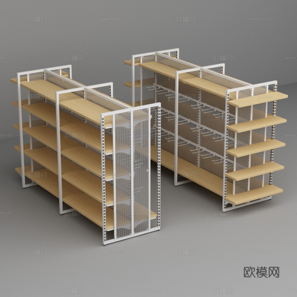 超市便利店钢木挂钩透明阳光背板货架3d模型