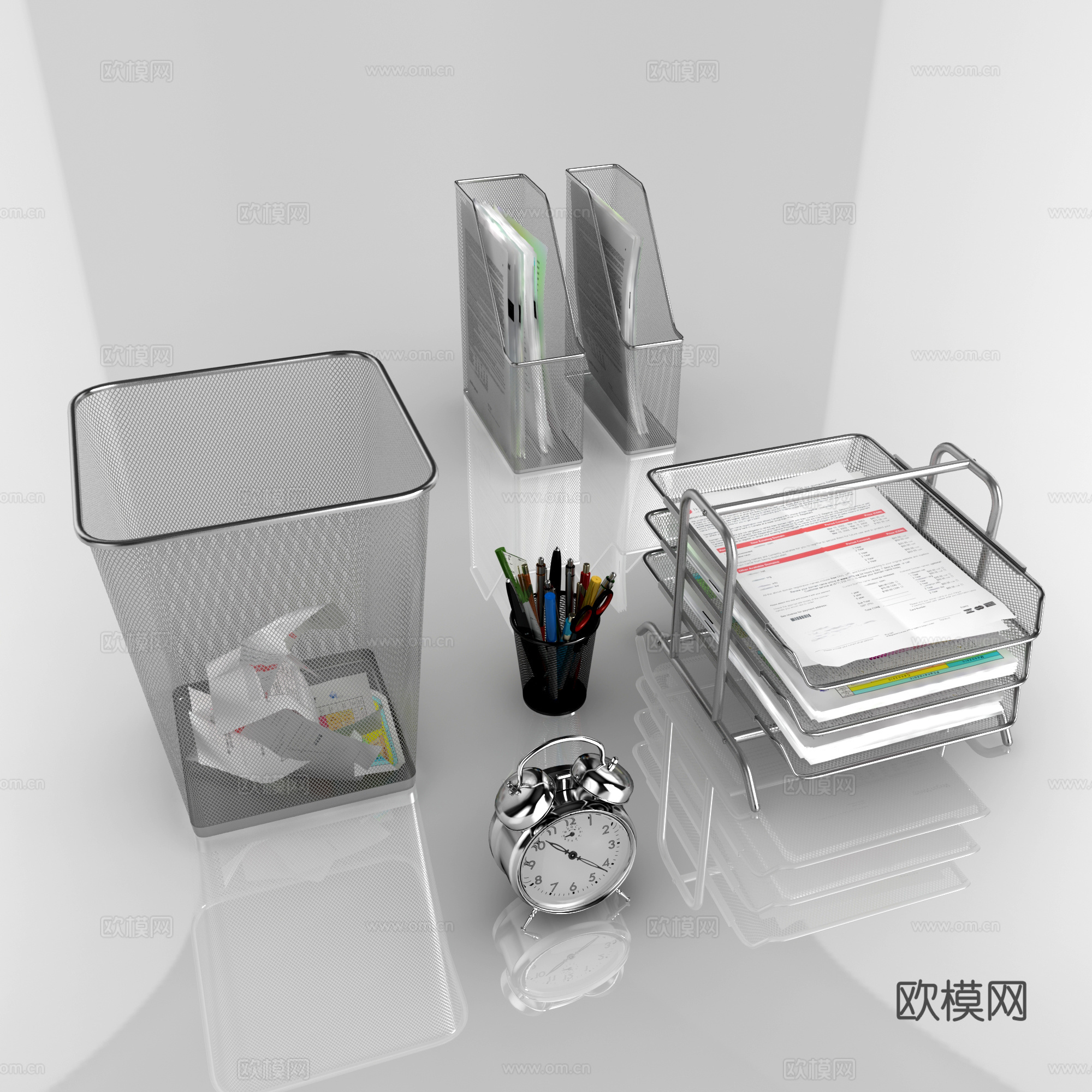 现代办公用品 纸篓垃圾桶文件夹笔尺子闹钟报纸组合3d模型