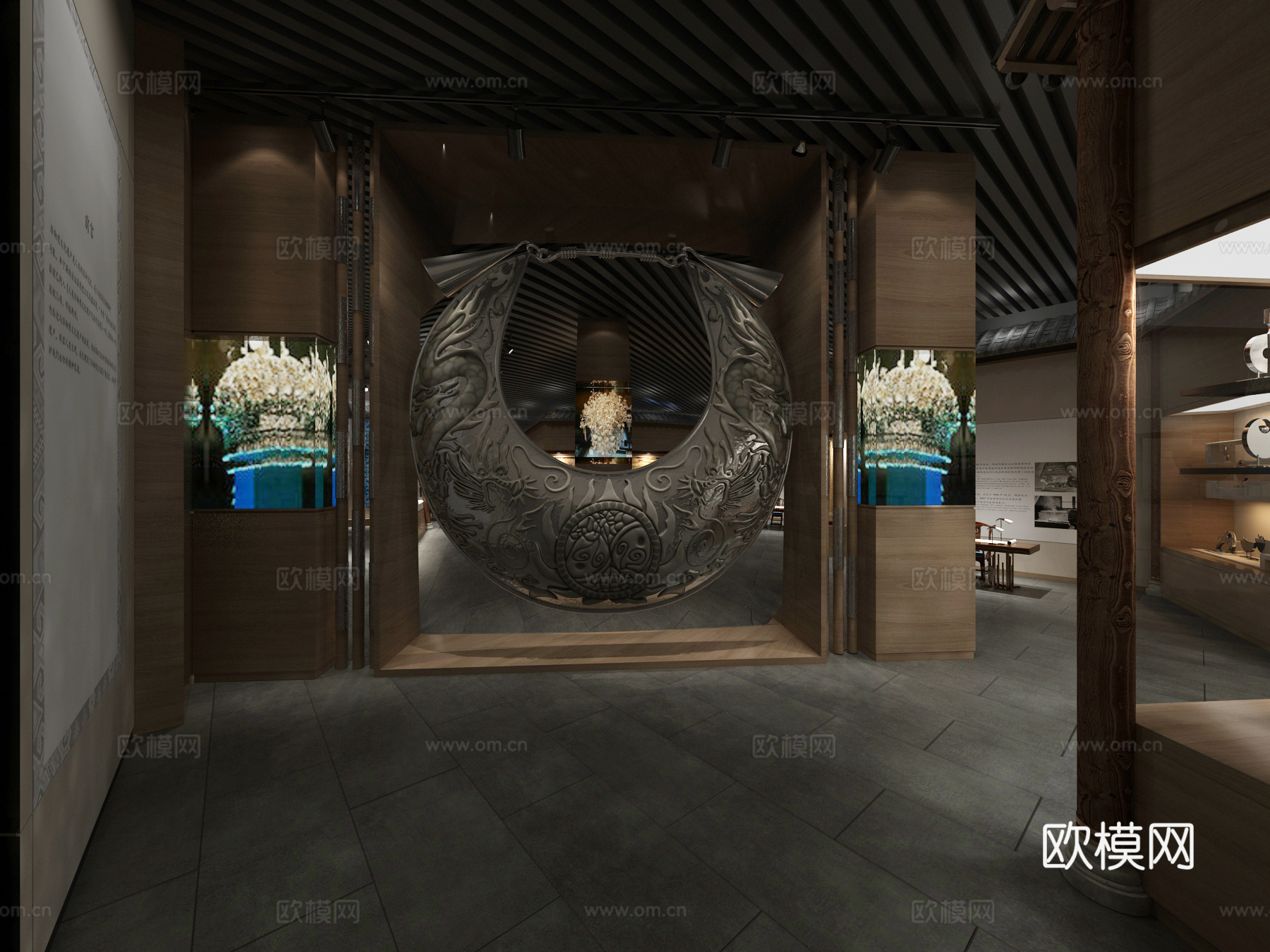 传统中式博物馆 传统中式铁艺吊灯组合 传统中式玻璃陈列柜3d模型