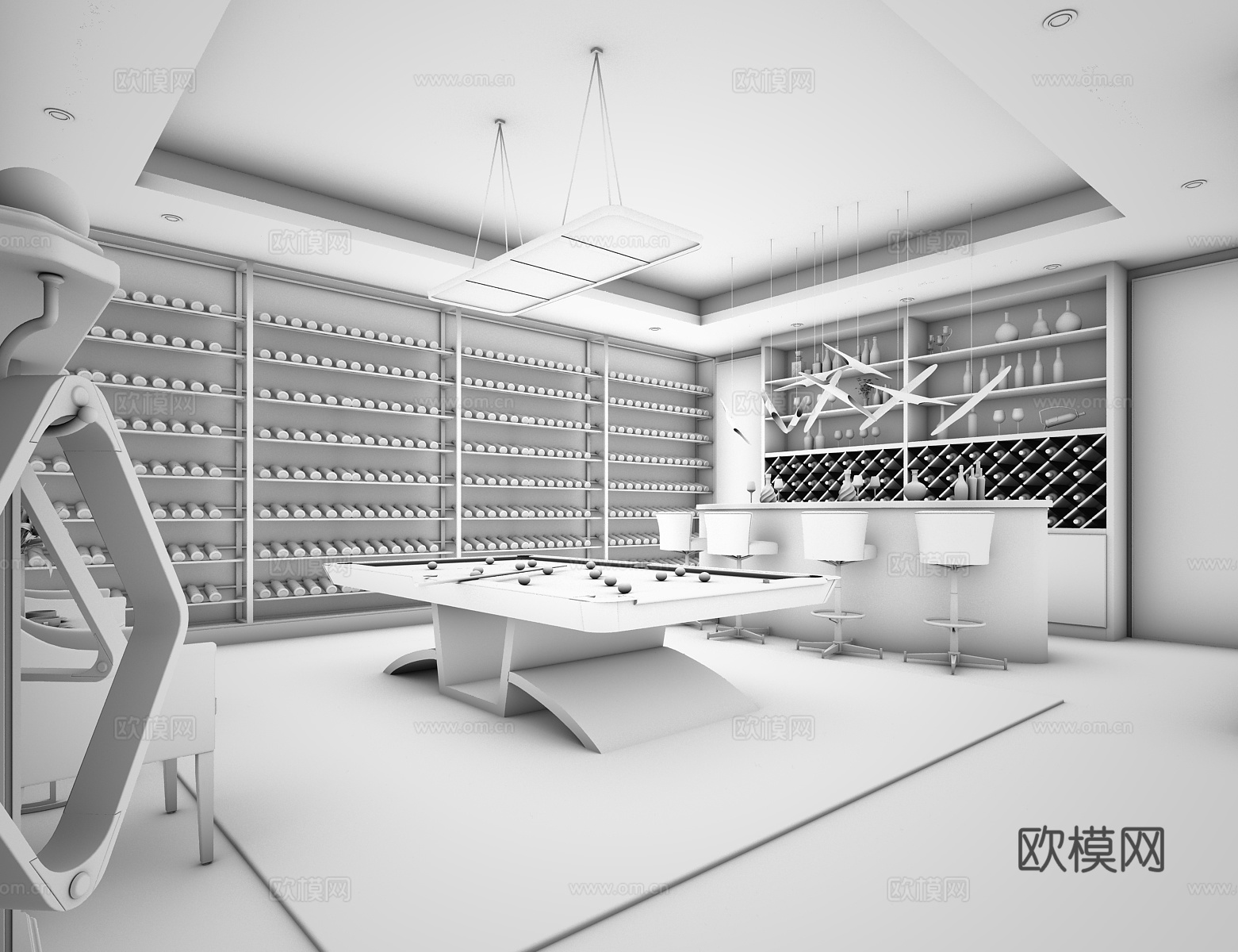 欧式简约娱乐室 台球桌 吧台 吊灯3d模型