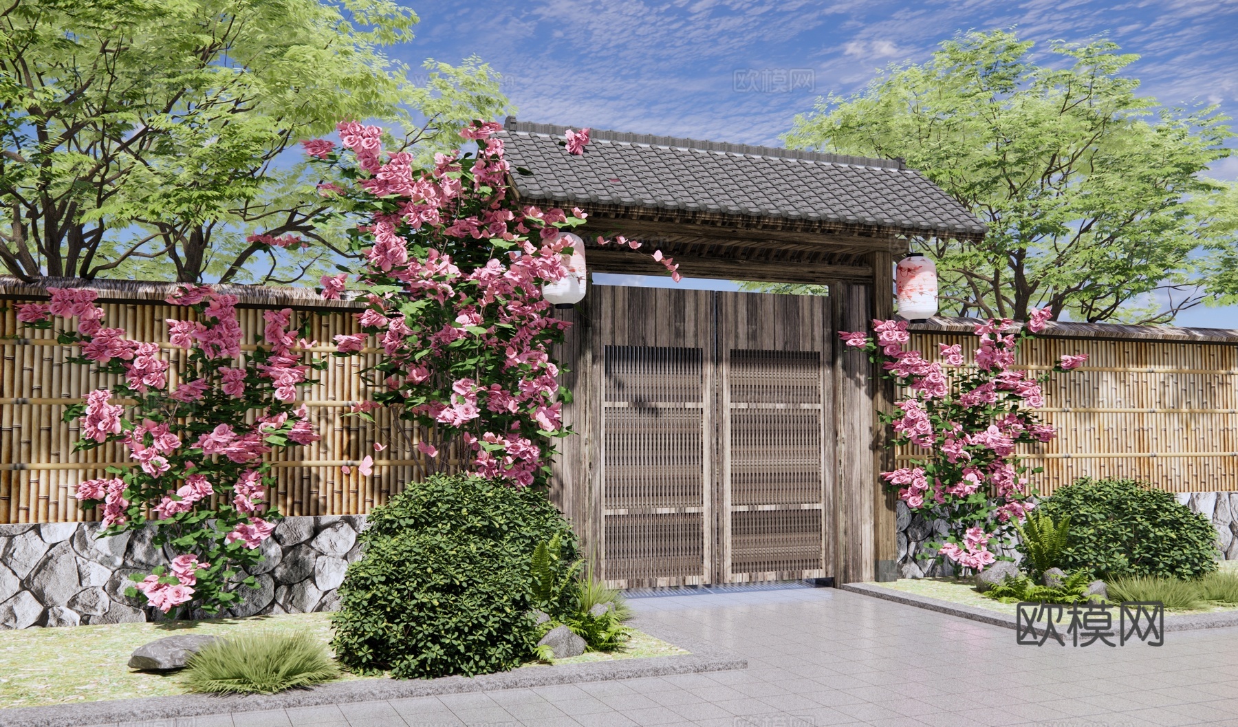 中式乡村庭院门 院门围墙 小柴门 民宿小院门 竹篱笆 藤蔓植su模型