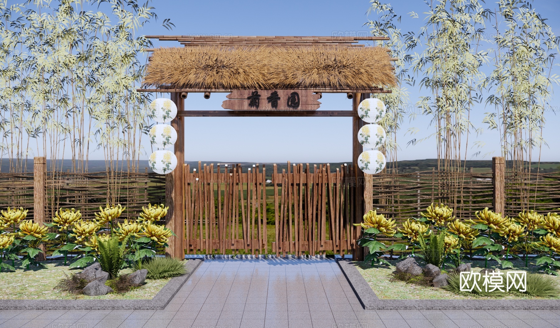 中式乡村庭院门 院门围墙 茅草小柴门 民宿小院门 竹篱笆 菊su模型