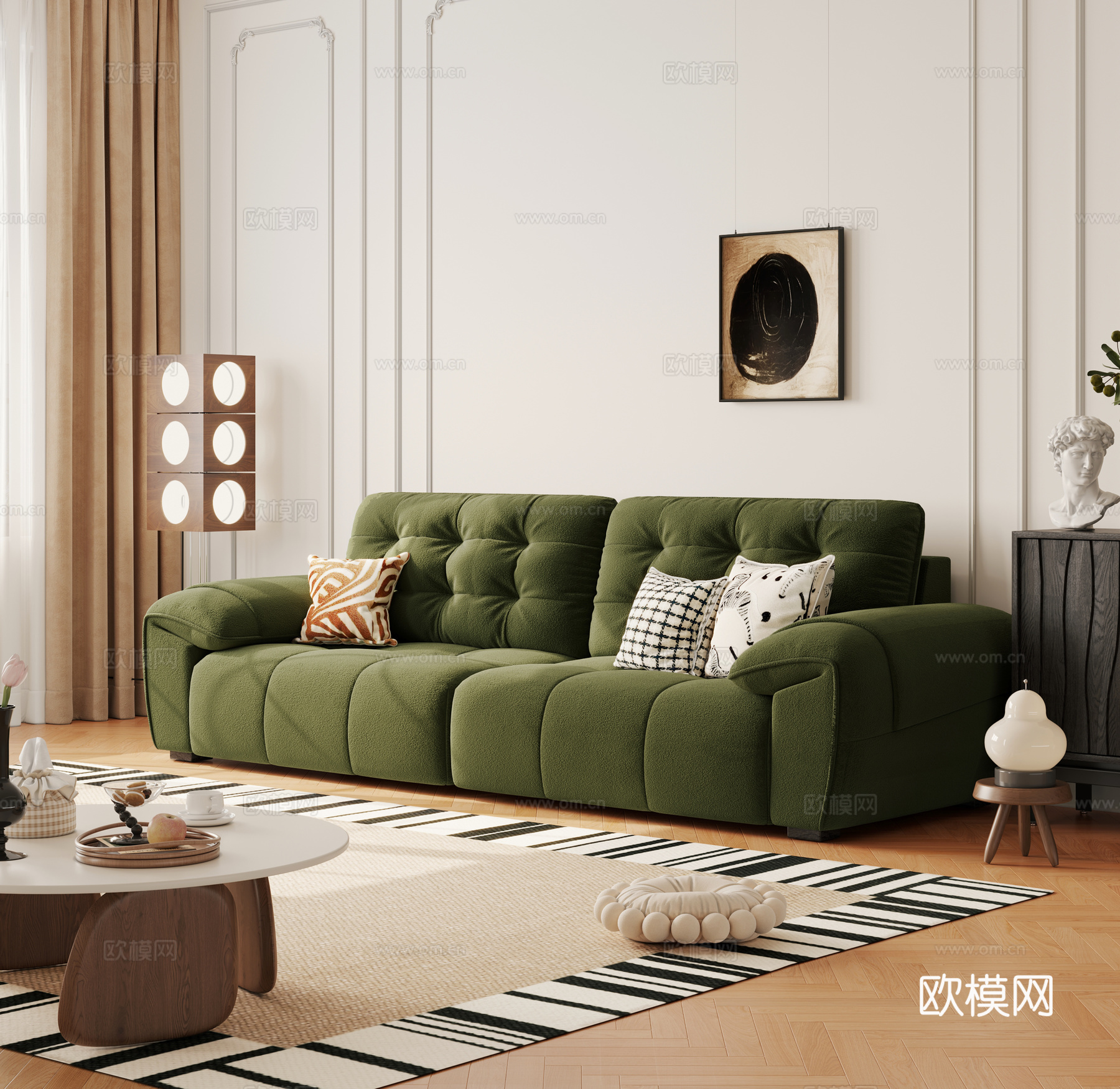 中古风复古沙发 三人沙发 布艺沙发 直排沙发3d模型