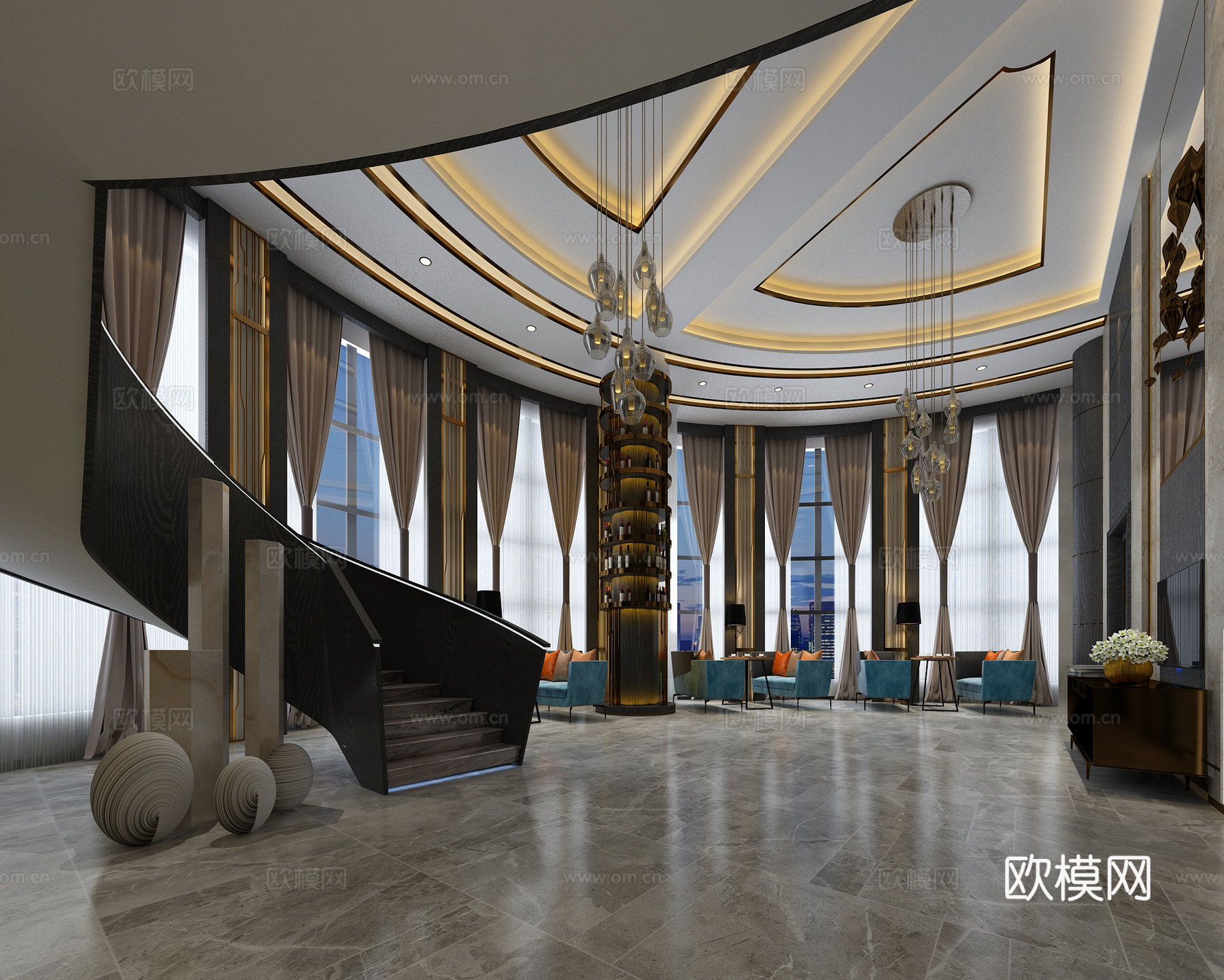 希拉谷红酒研究中心 现代奢华风格会客大厅 旋转楼梯 弧形窗户3d模型下载（渲染图2）