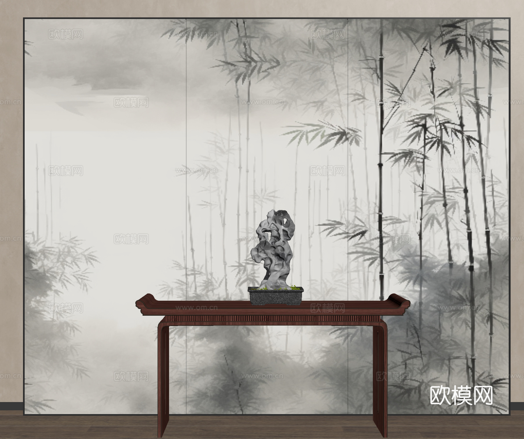 新中式屏风隔断 屏风壁画 端景条案su模型