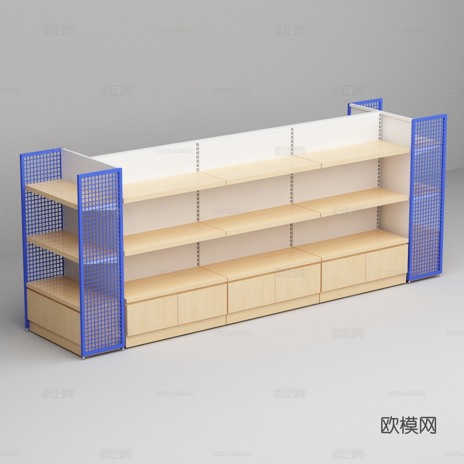超市便利店蓝色端架钢木货架3d模型
