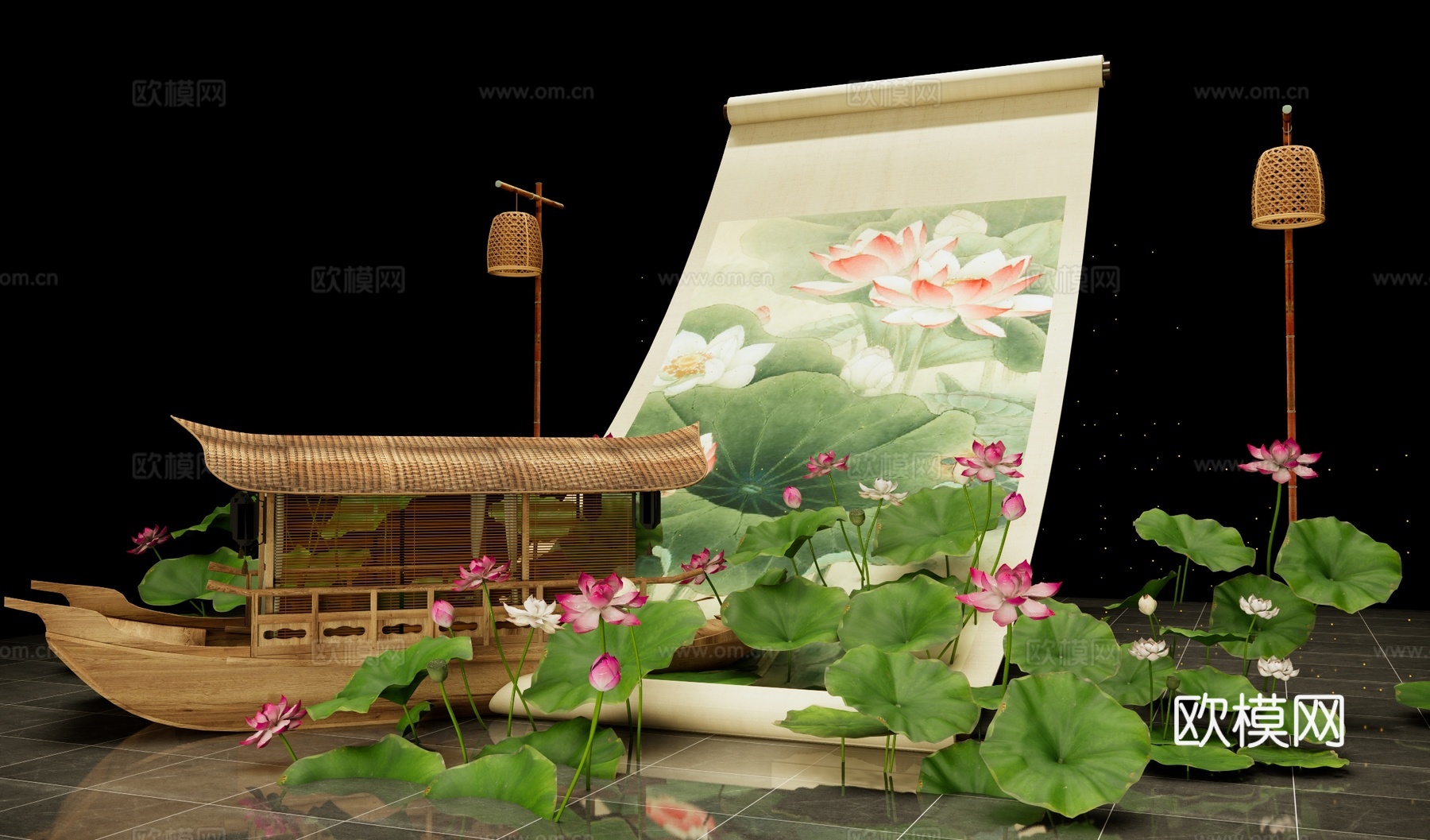 卷轴书画美陈 荷花荷叶装置 小船画舫 中式网红打卡 荷花文化su模型