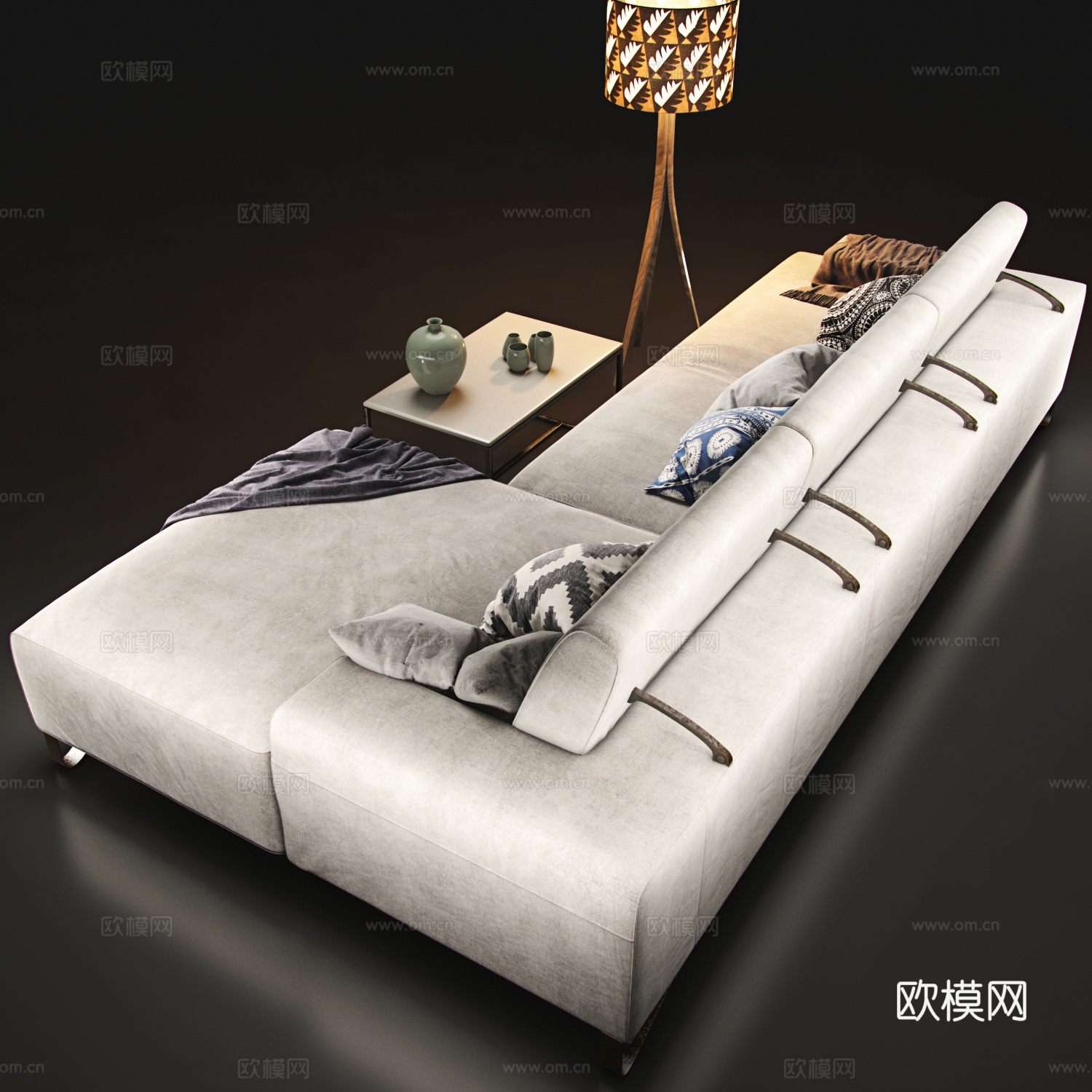 现代精致多人沙发落地灯茶几组合3d模型