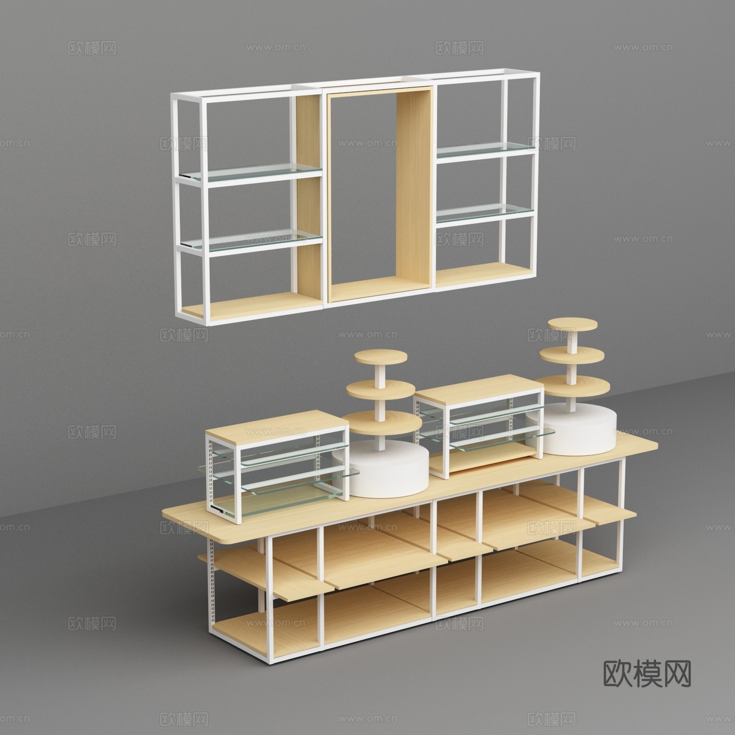 母婴店展示架流水台圆形木台带吊柜3d模型