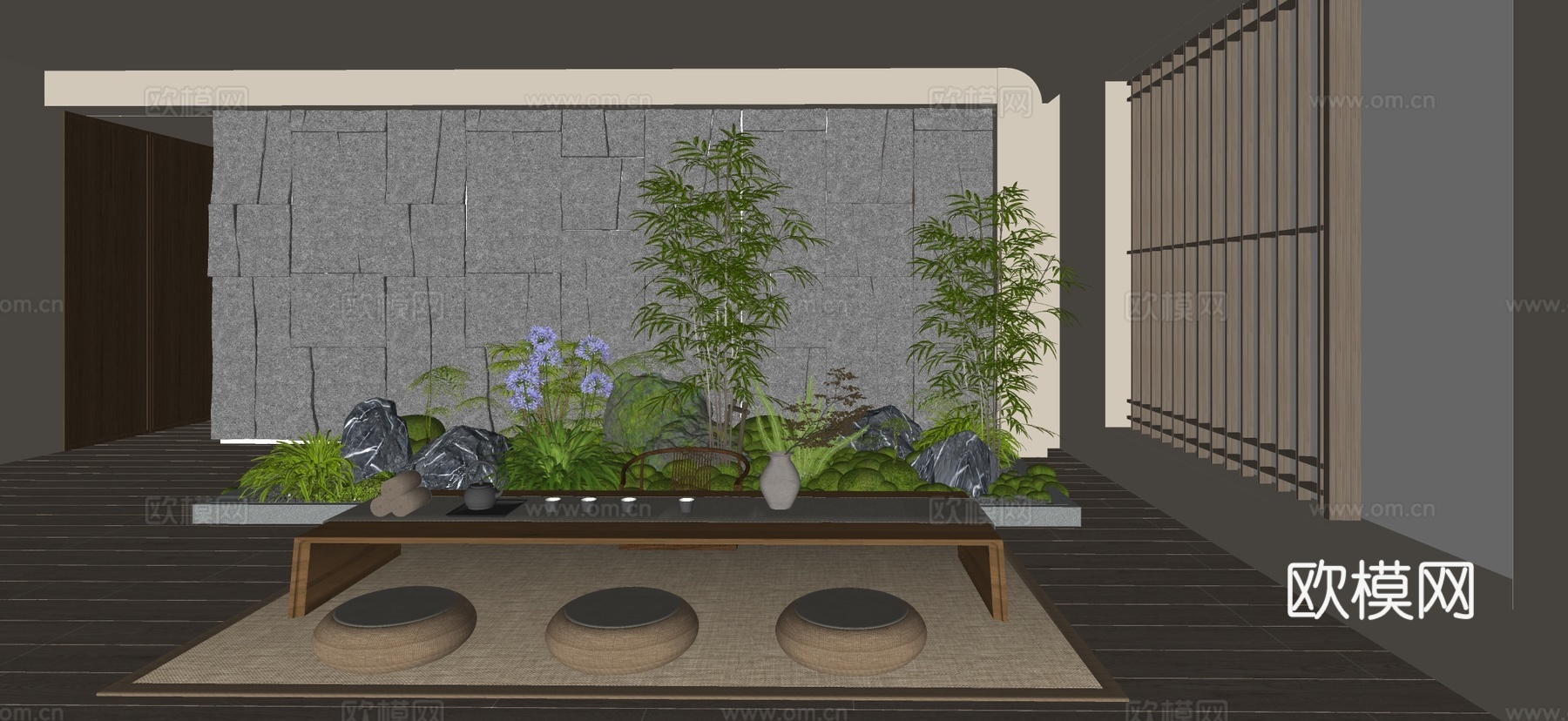 新中式禅意榻榻米茶室 植物组合 景观小品 植物堆 宋式茶室su模型