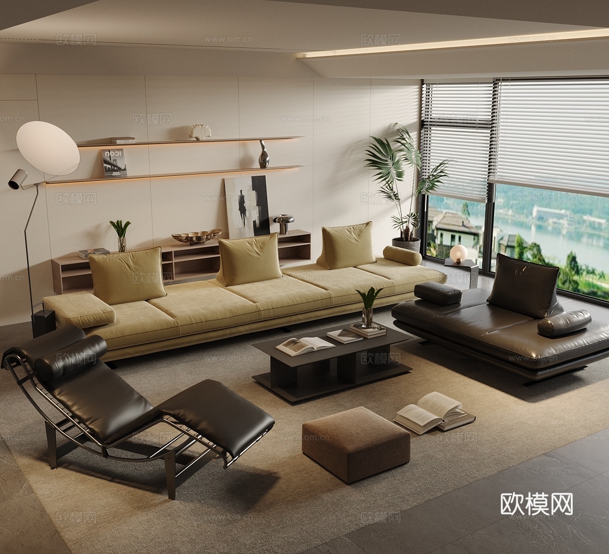 现代意式家居客厅 轻奢意式客厅 沙发茶几组合 高级灰客厅su模型