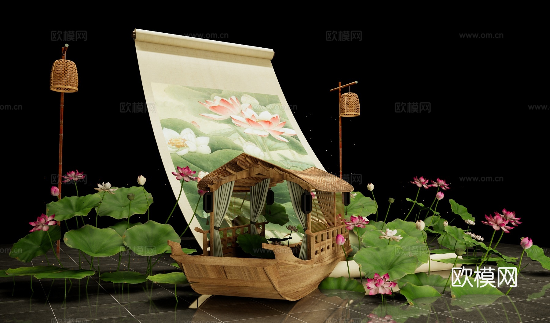 卷轴书画美陈 荷花荷叶装置 小船画舫 中式网红打卡 荷花文化su模型