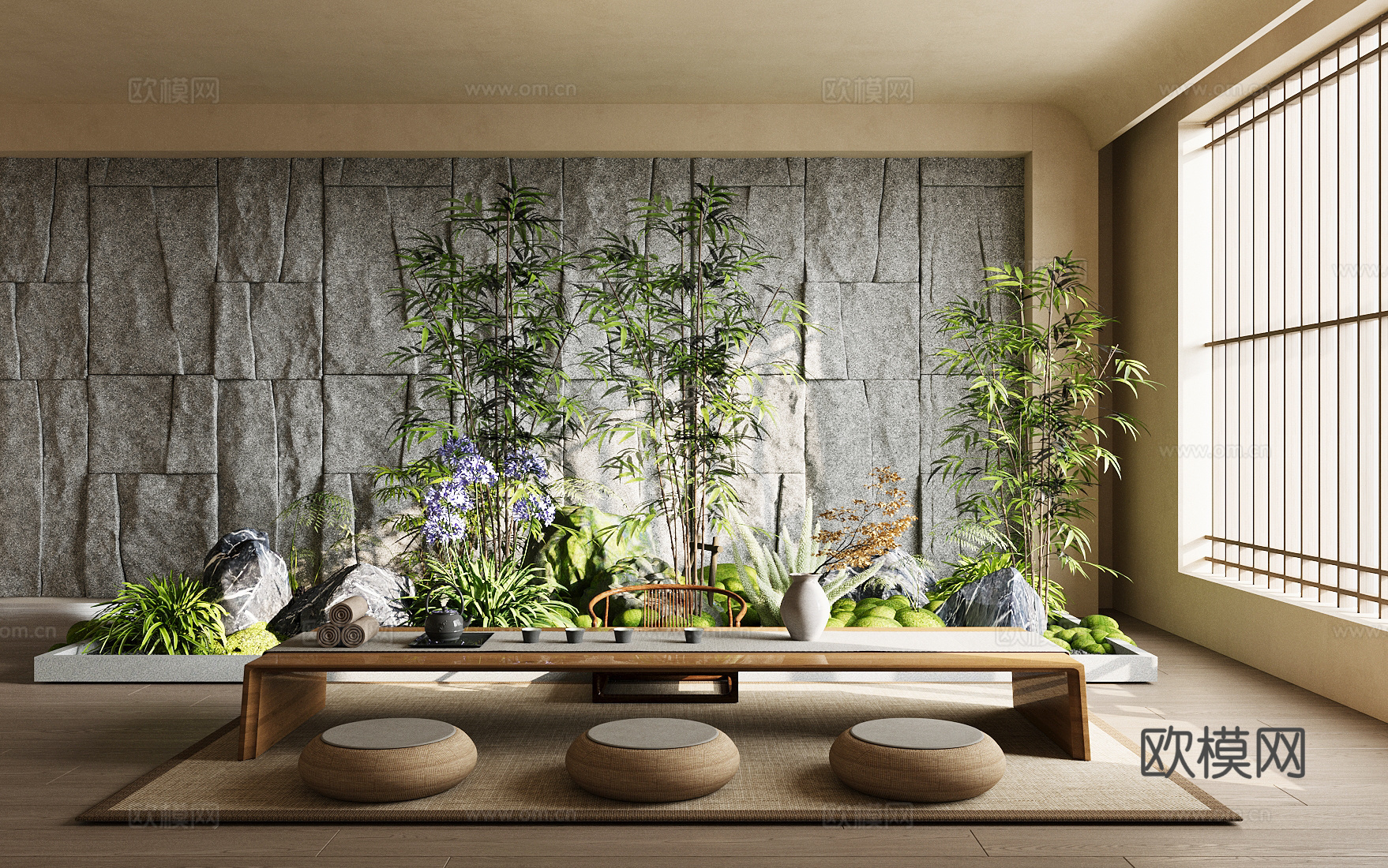 新中式禅意榻榻米茶室 植物组合 景观小品 植物堆 宋式茶室3d模型