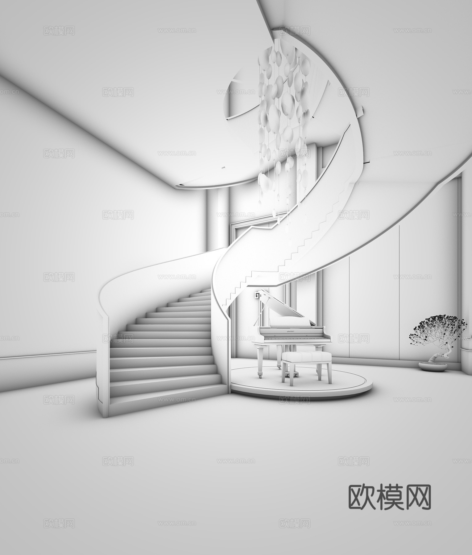 欧式简约旋转楼梯 钢琴 吊灯3d模型