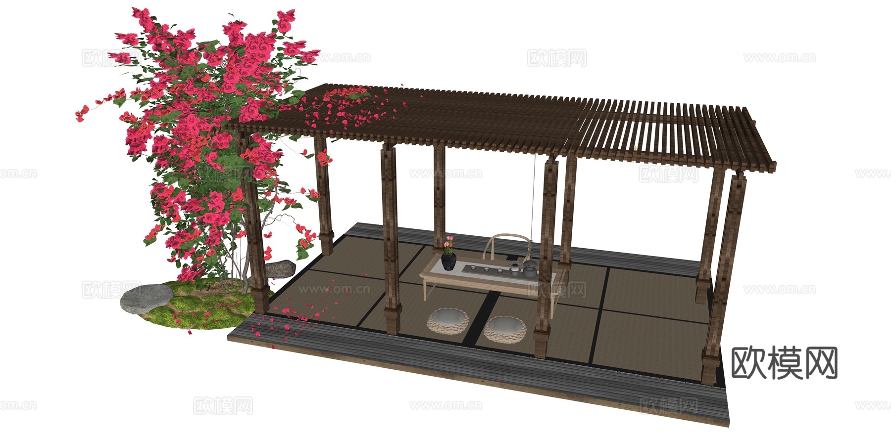 现代休闲格栅廊架 三角梅 月季爬藤植物 藤蔓植物 廊架茶室su模型