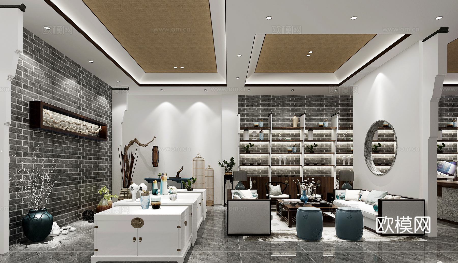 新中式禅意中式办公大厅前台大堂店面泡茶区禅意摆件3d模型