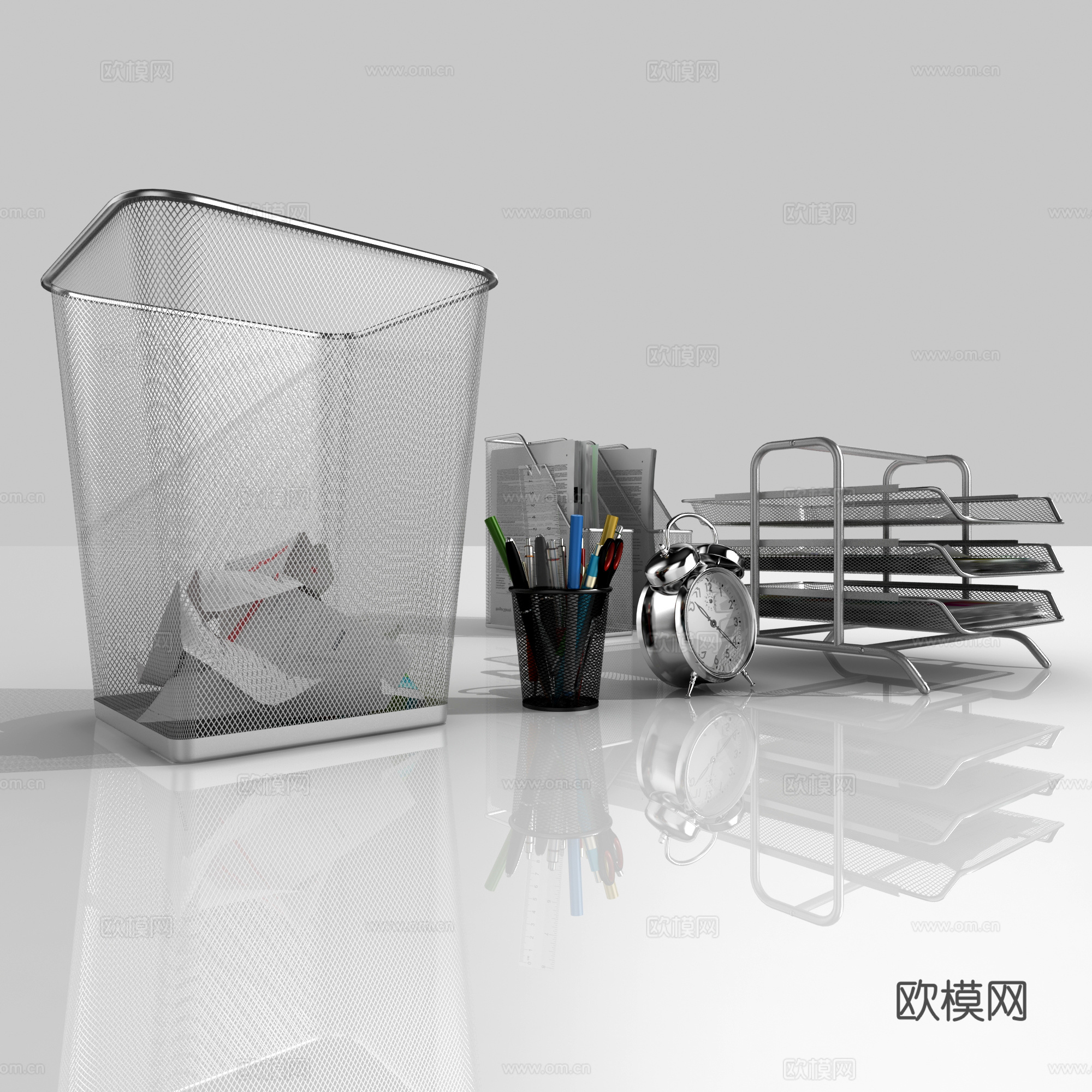 现代办公用品 纸篓垃圾桶文件夹笔尺子闹钟报纸组合3d模型