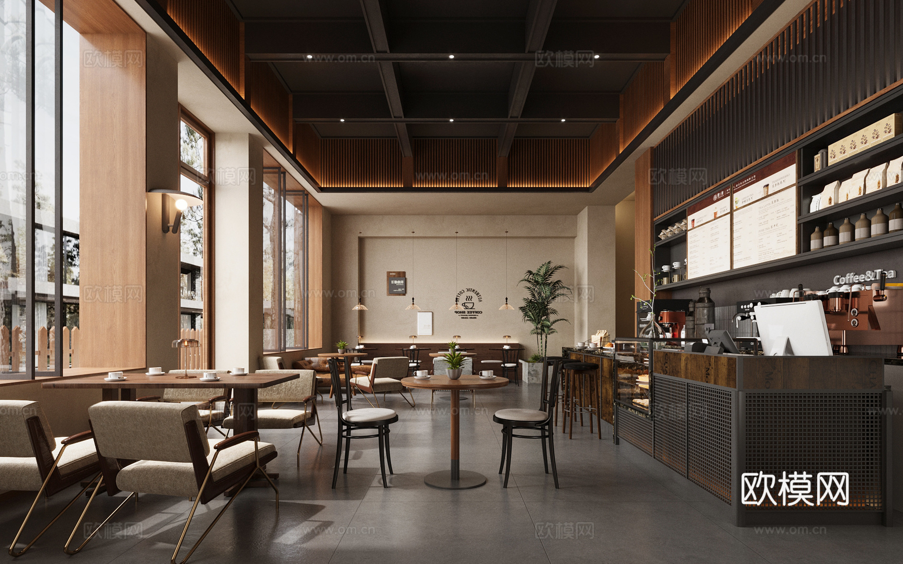 原木咖啡厅 咖啡桌椅 奶茶店 咖啡店操作台 收银前台 咖啡店su模型