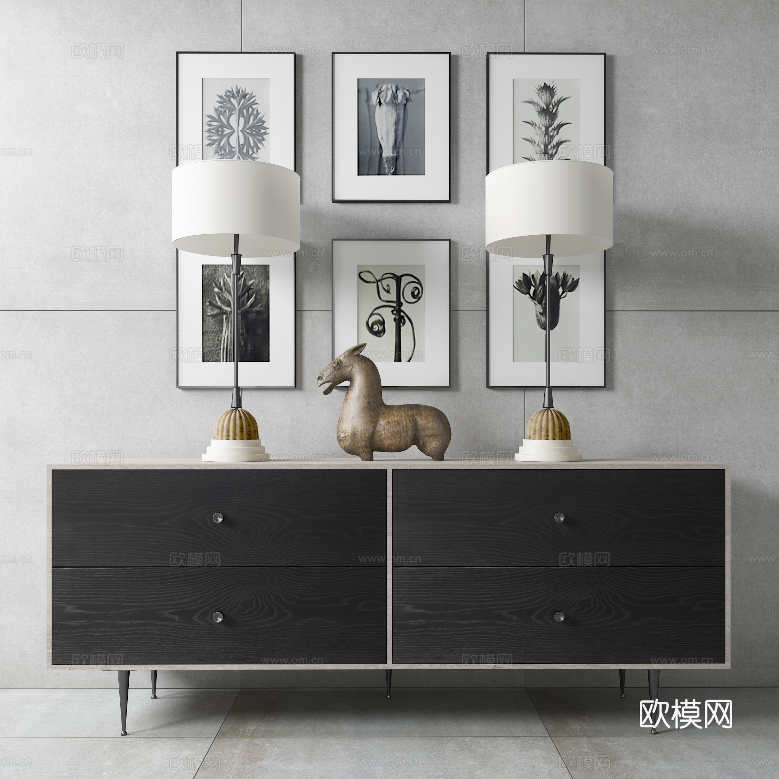 现代极简玄关柜  雕塑 台灯 挂画3d模型
