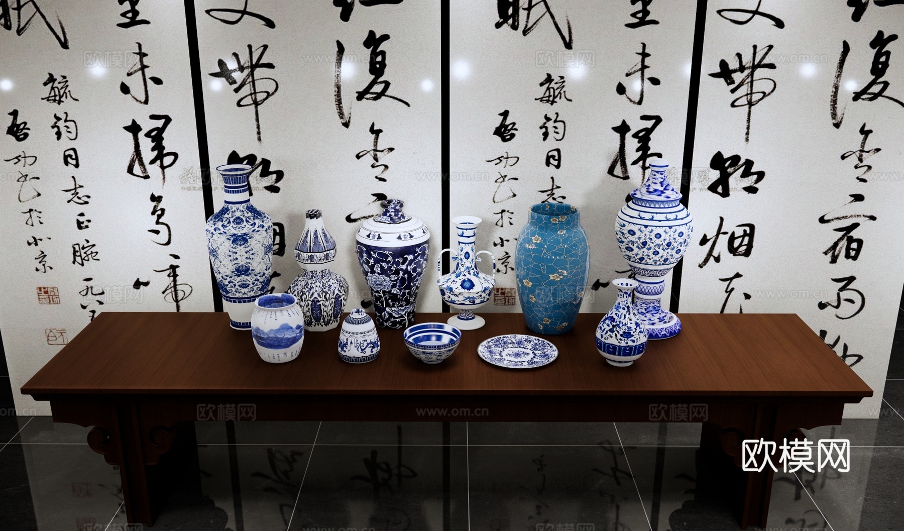 新中式青花瓷美陈 瓷器摆件 青花瓷瓶 古董花瓶 陶瓷器皿青花su模型