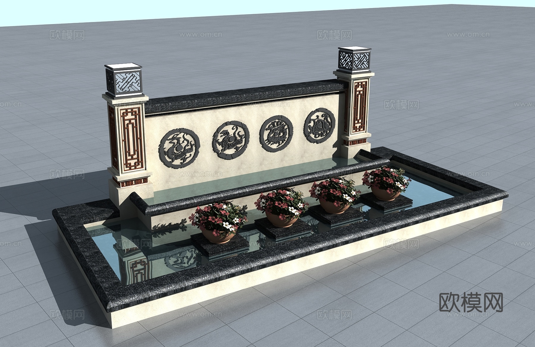 新中式景观 园林小品 围墙3d模型