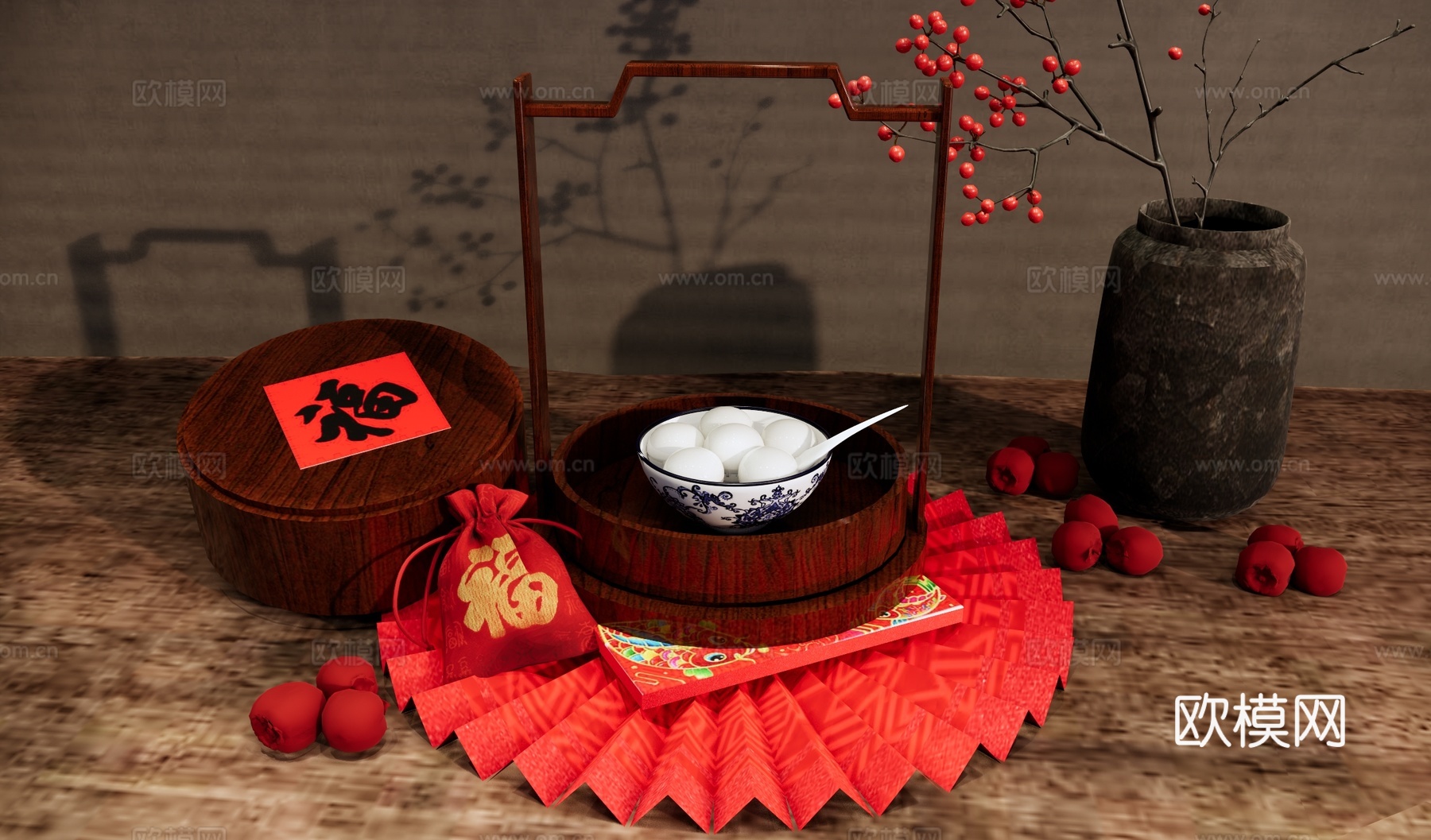 食盒 汤圆 元宵 红枣 中式传统小吃 新年红包 福袋 红豆插su模型