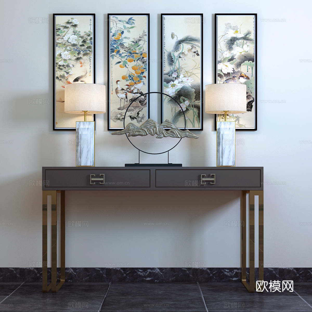 新中式边柜 玄关柜 台灯 装饰柜 饰品摆件3d模型