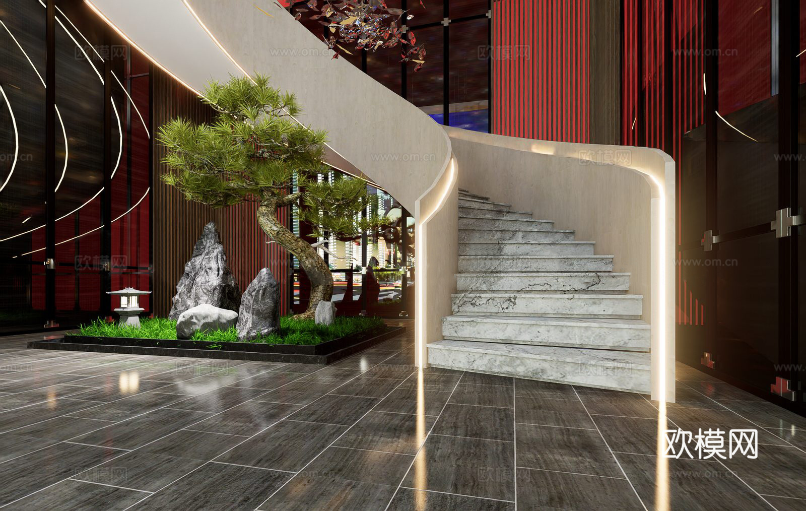 现代中式融合场景 弧形楼梯 中式造景 红棕玻璃幕墙 飞鸟艺术su模型