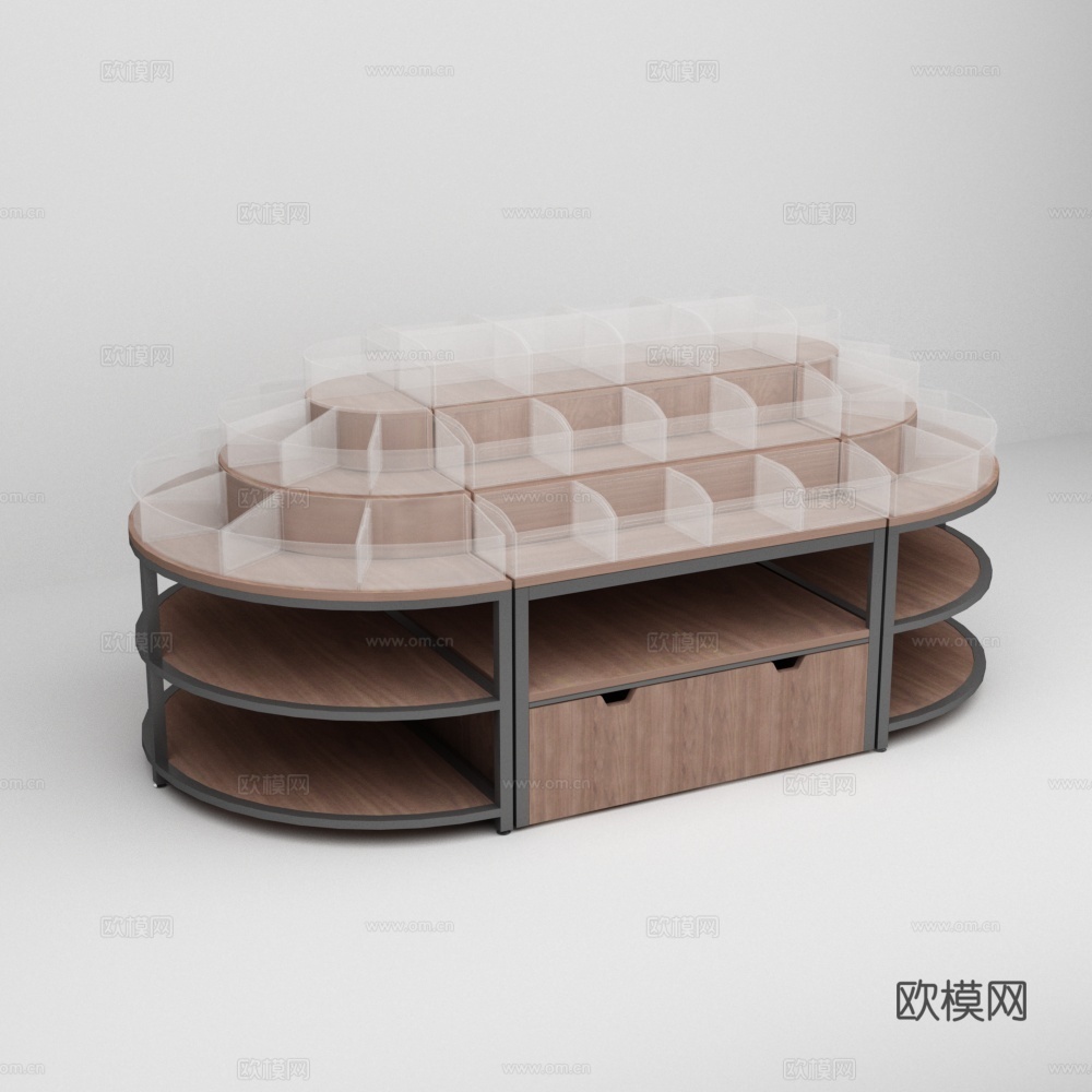 超市椭圆钢木多层散称零食透明盒子流水台展台货架3d模型