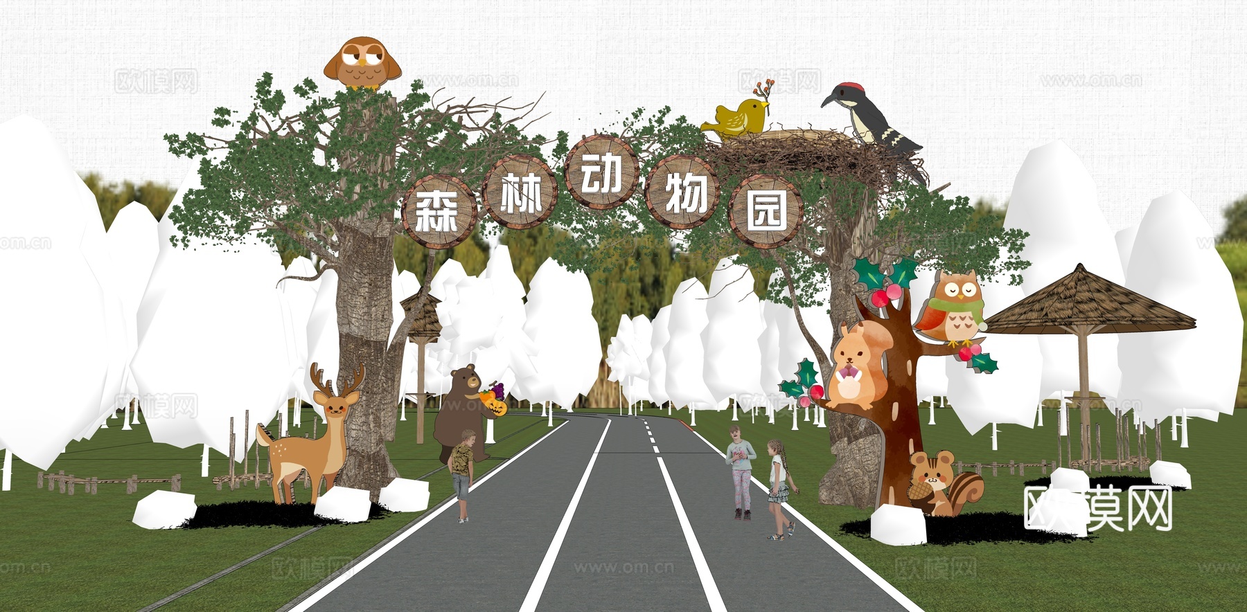 现代森林动物公园景观 动物园入口大门 卡通树桩 鸟巢 儿童su模型