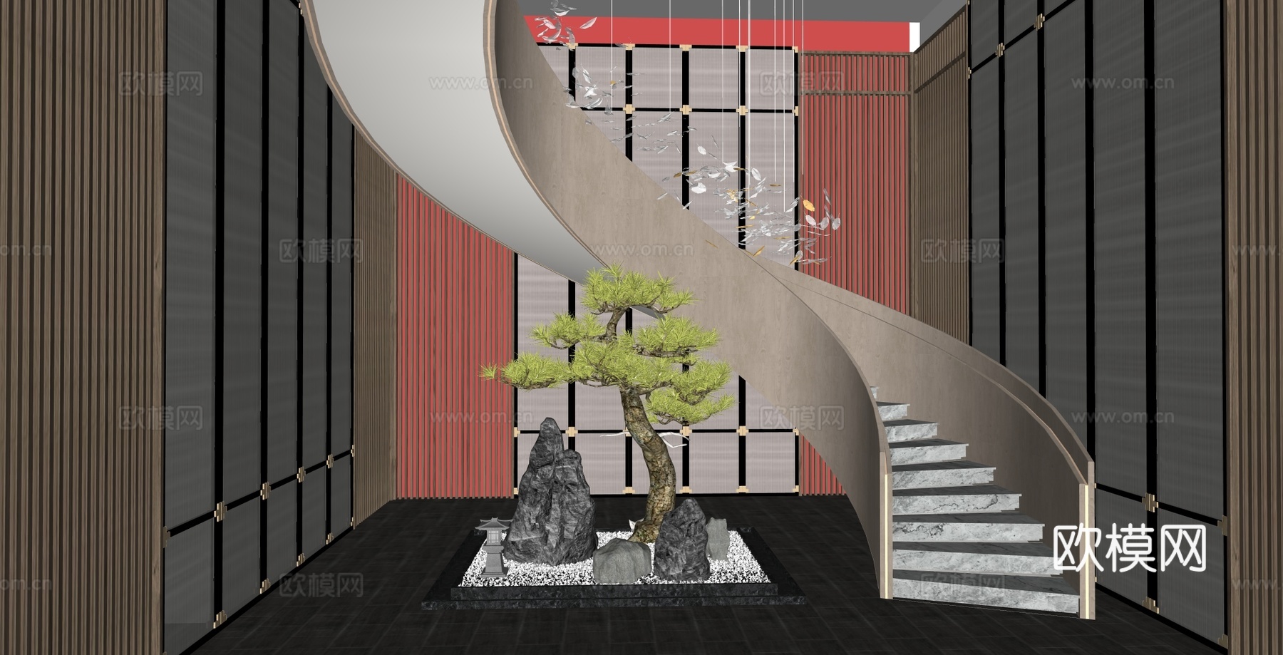 现代中式融合场景 弧形楼梯 中式造景 红棕玻璃幕墙 飞鸟艺术su模型