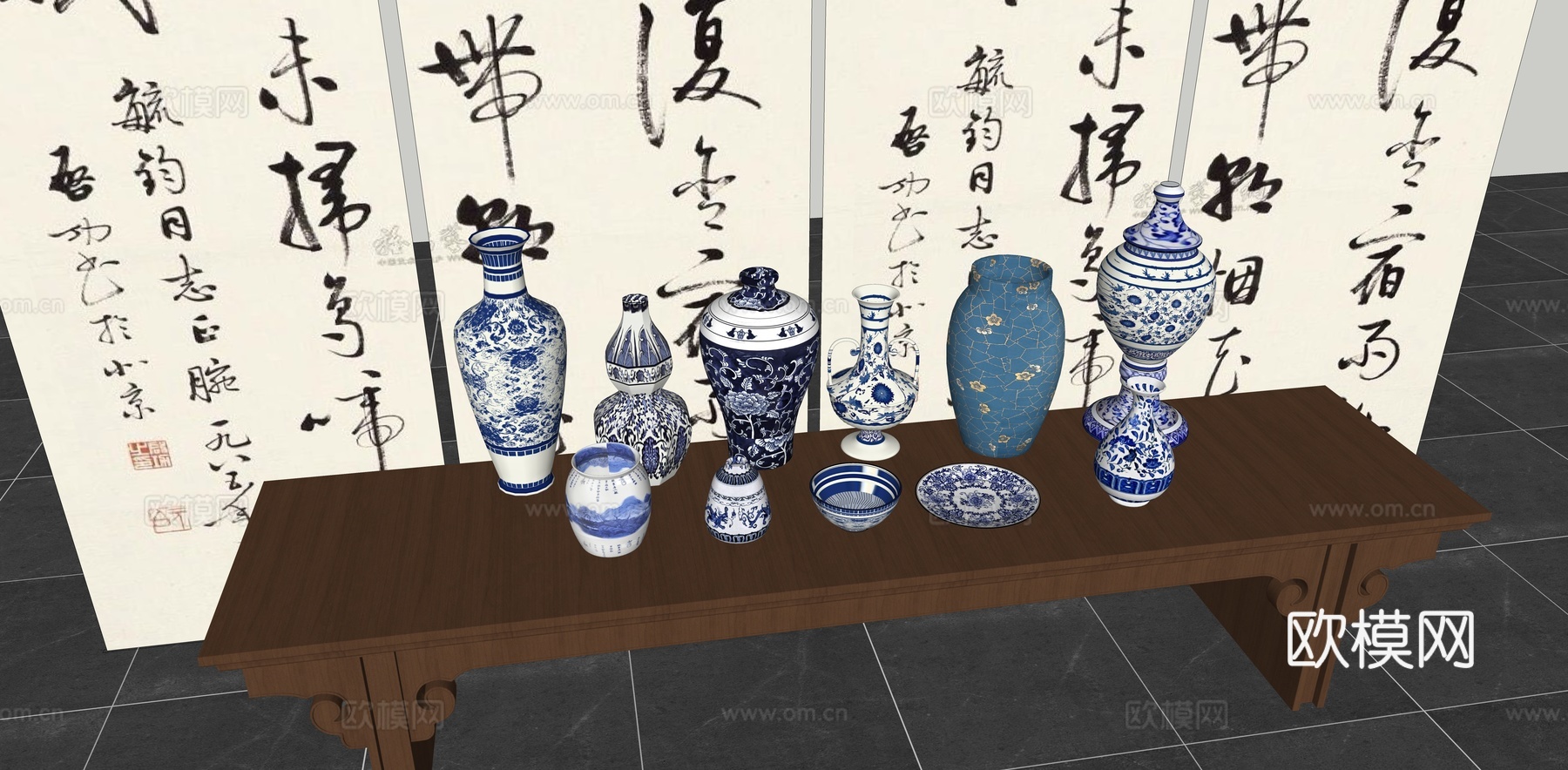 新中式青花瓷美陈 瓷器摆件 青花瓷瓶 古董花瓶 陶瓷器皿青花su模型