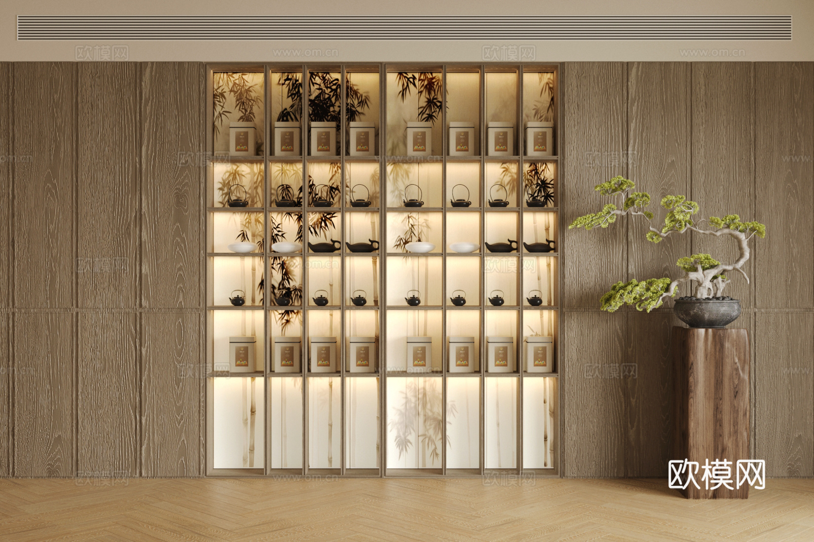 新中式茶柜 茶具展示柜 茶壶茶具 茶杯 山水画背景墙 宋式柜su模型