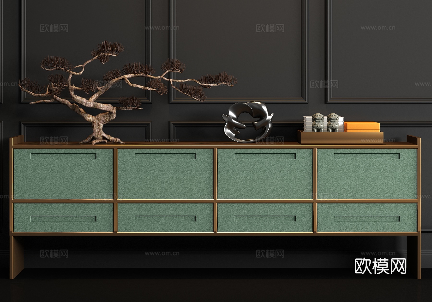 新中式金属皮革端景柜 盆栽饰品3d模型
