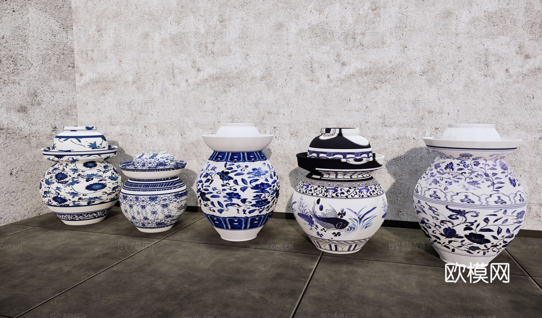 中式泡菜坛 青花瓷坛子 陶罐小品 园艺小品 陶盆 器皿摆件su模型