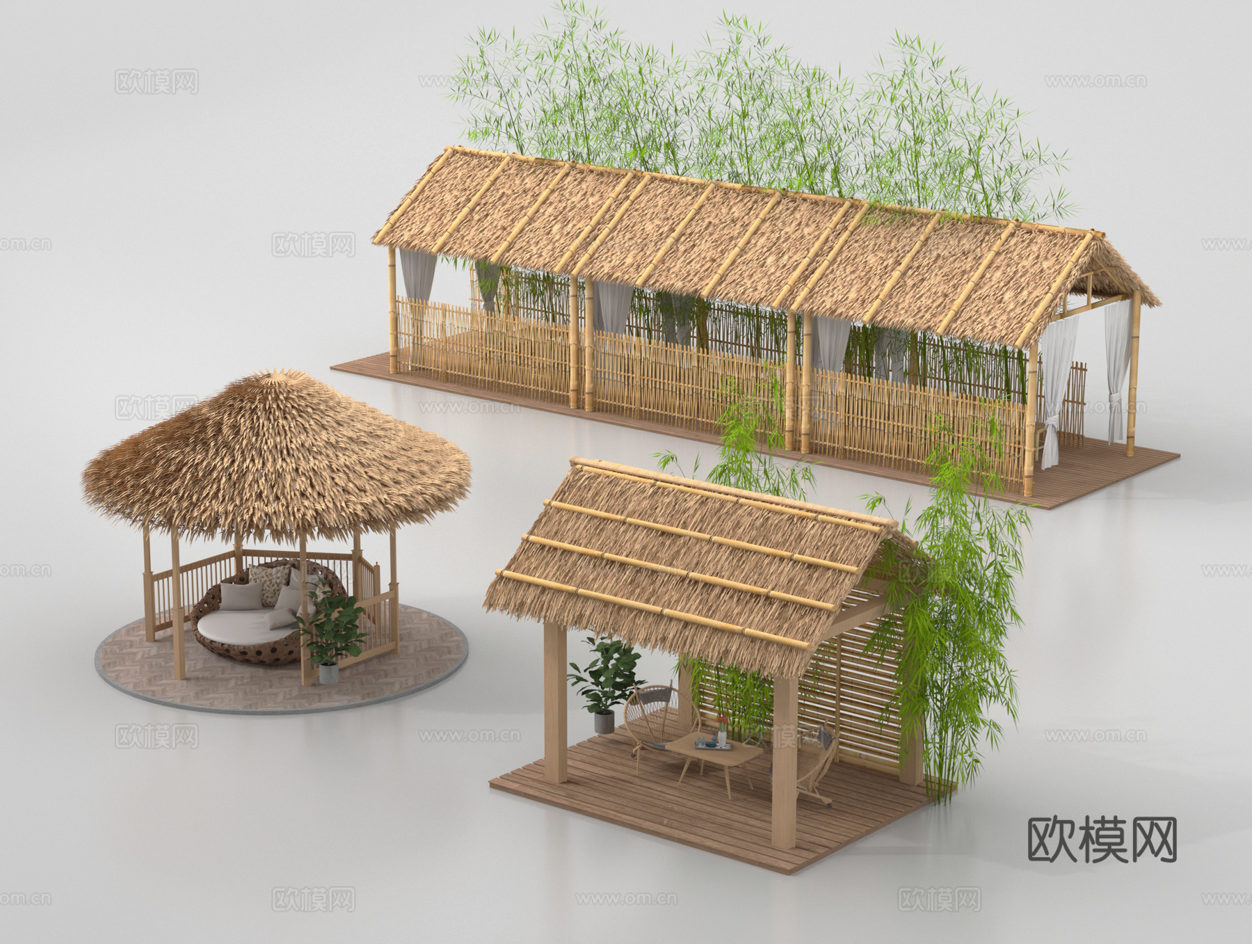 新中式亭子 凉亭 茅草屋 茅草亭子 茅草棚3d模型
