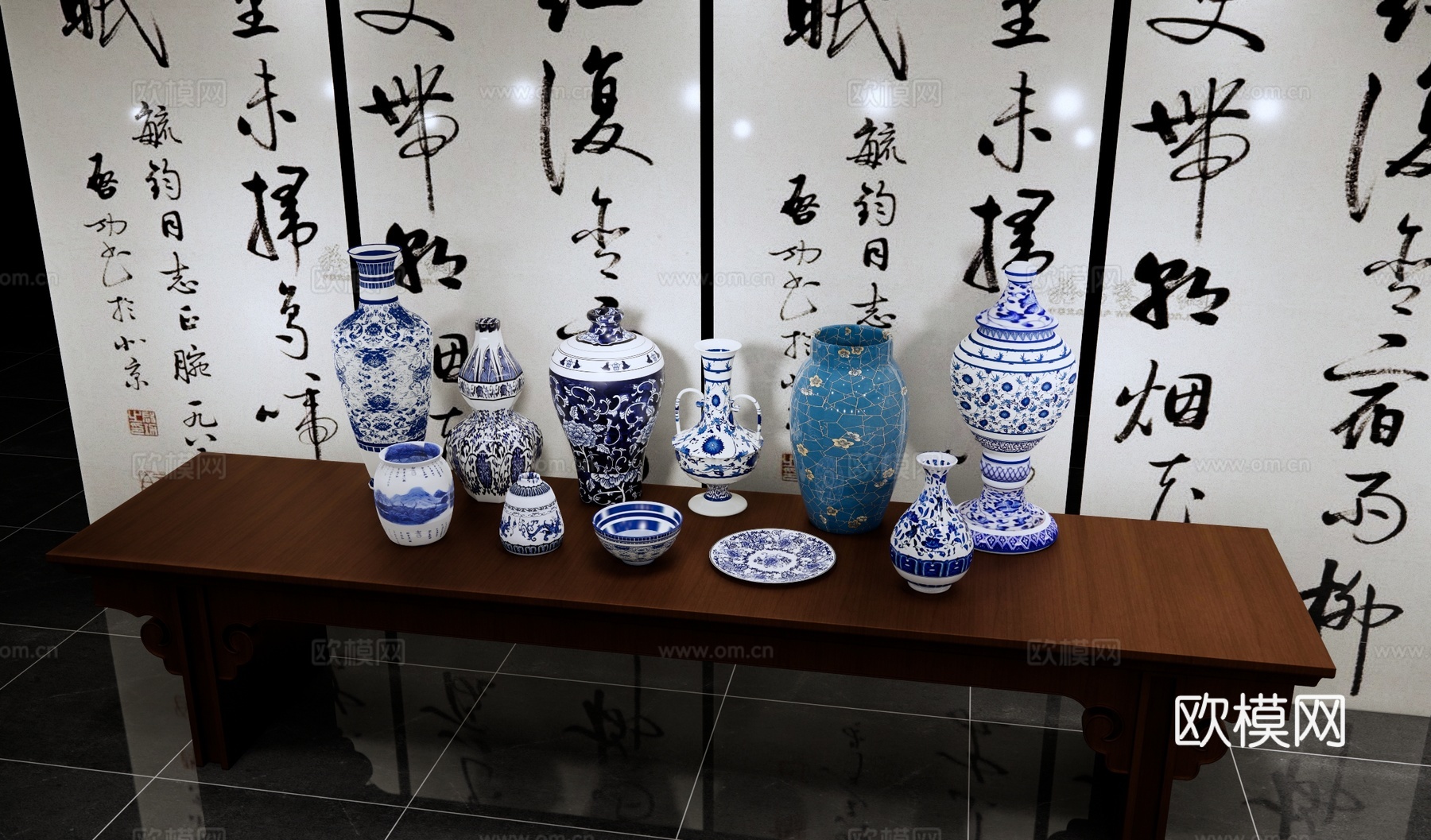 新中式青花瓷美陈 瓷器摆件 青花瓷瓶 古董花瓶 陶瓷器皿青花su模型