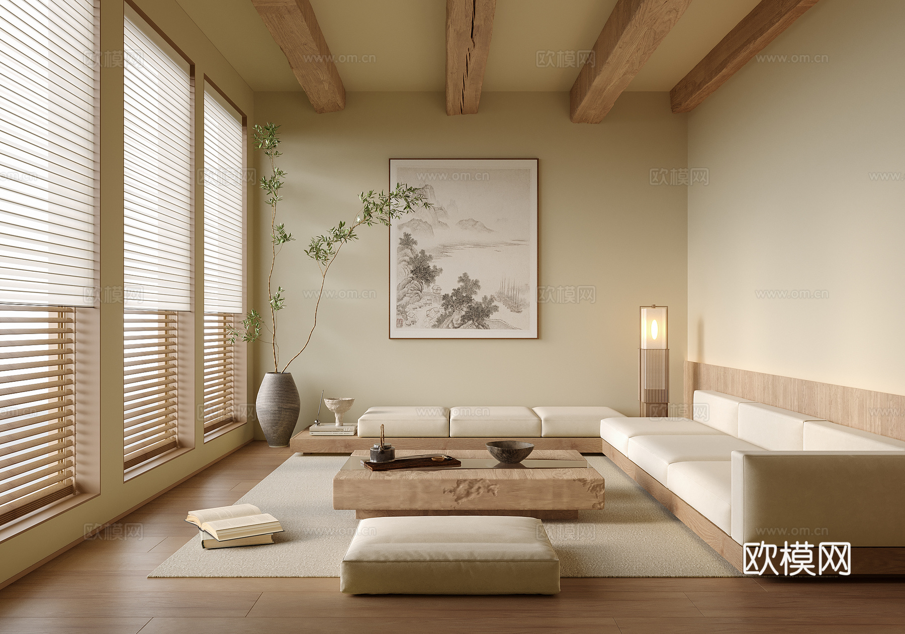 日式客厅 沙发茶几 多人沙发3d模型