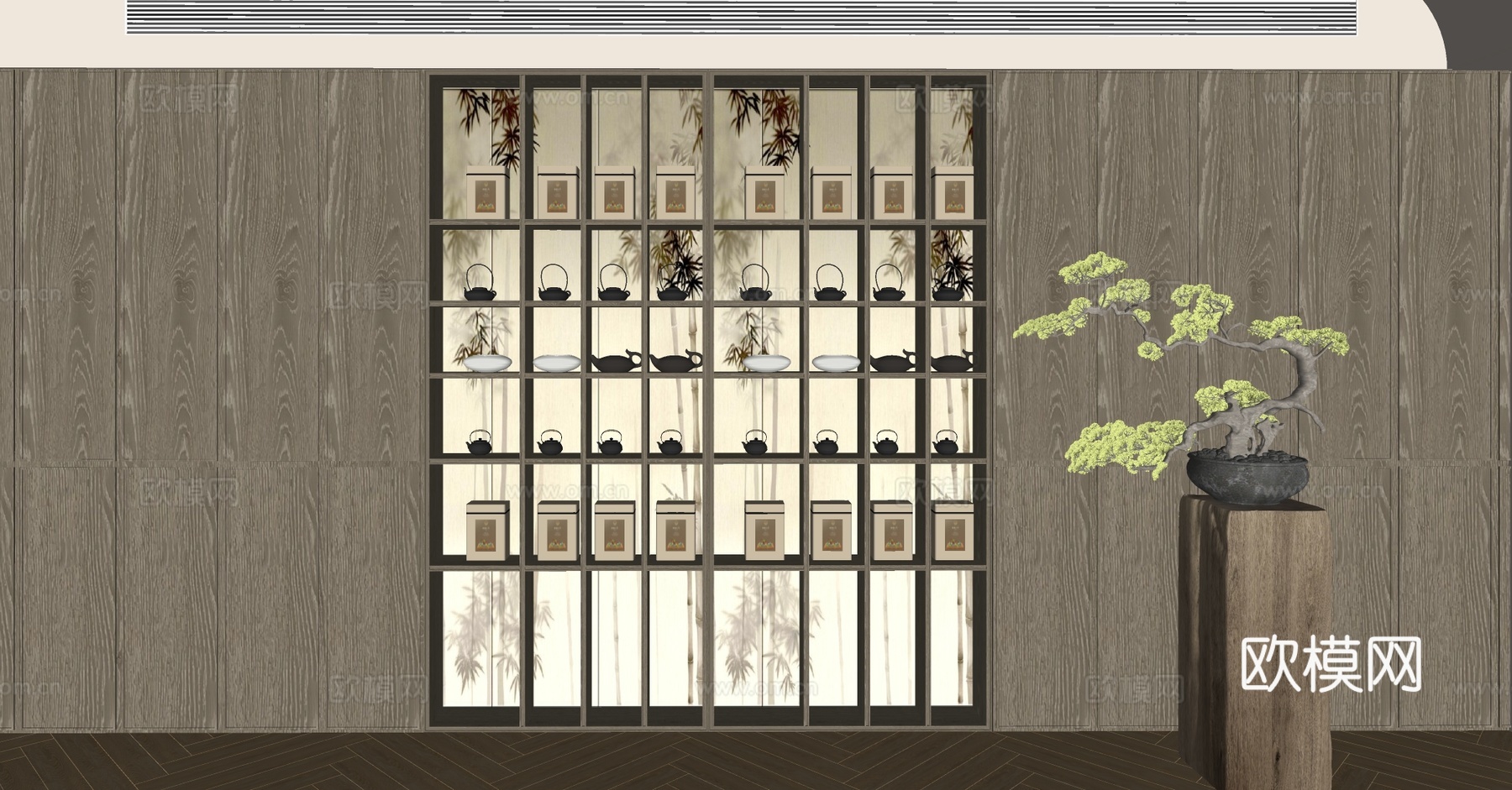 新中式茶柜 茶具展示柜 茶壶茶具 茶杯 山水画背景墙 宋式柜su模型