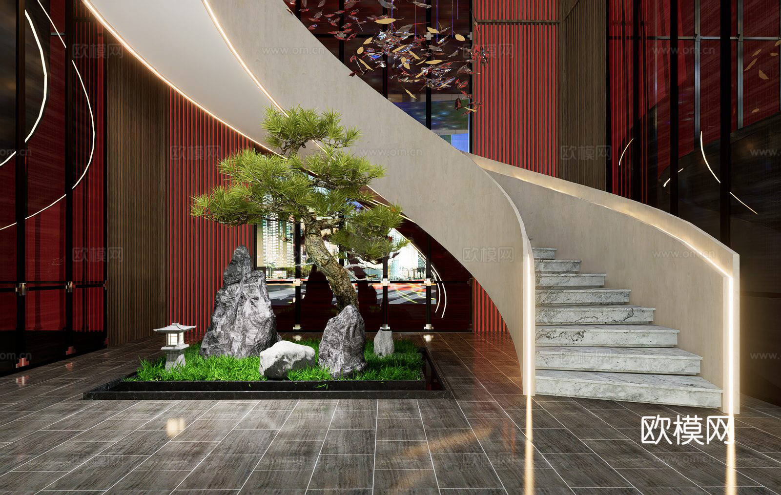现代中式融合场景 弧形楼梯 中式造景 红棕玻璃幕墙 飞鸟艺术su模型
