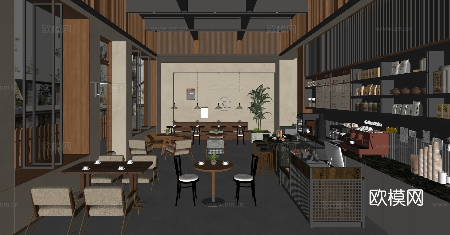 原木咖啡厅 咖啡桌椅 奶茶店 咖啡店操作台 收银前台 咖啡店su模型