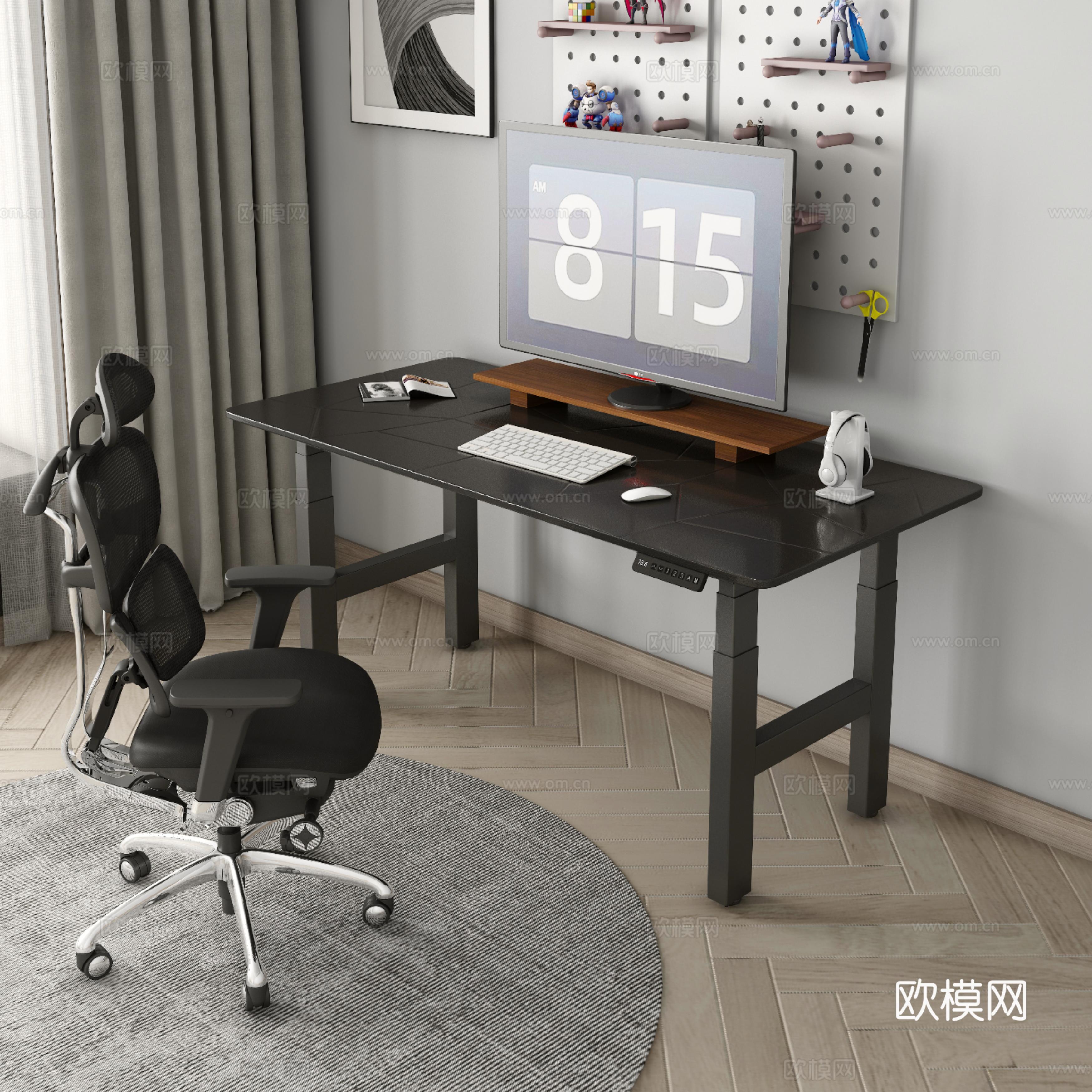 现代书房书屋电脑室 裂皮纹书桌椅子 电脑桌 电脑椅子3d模型